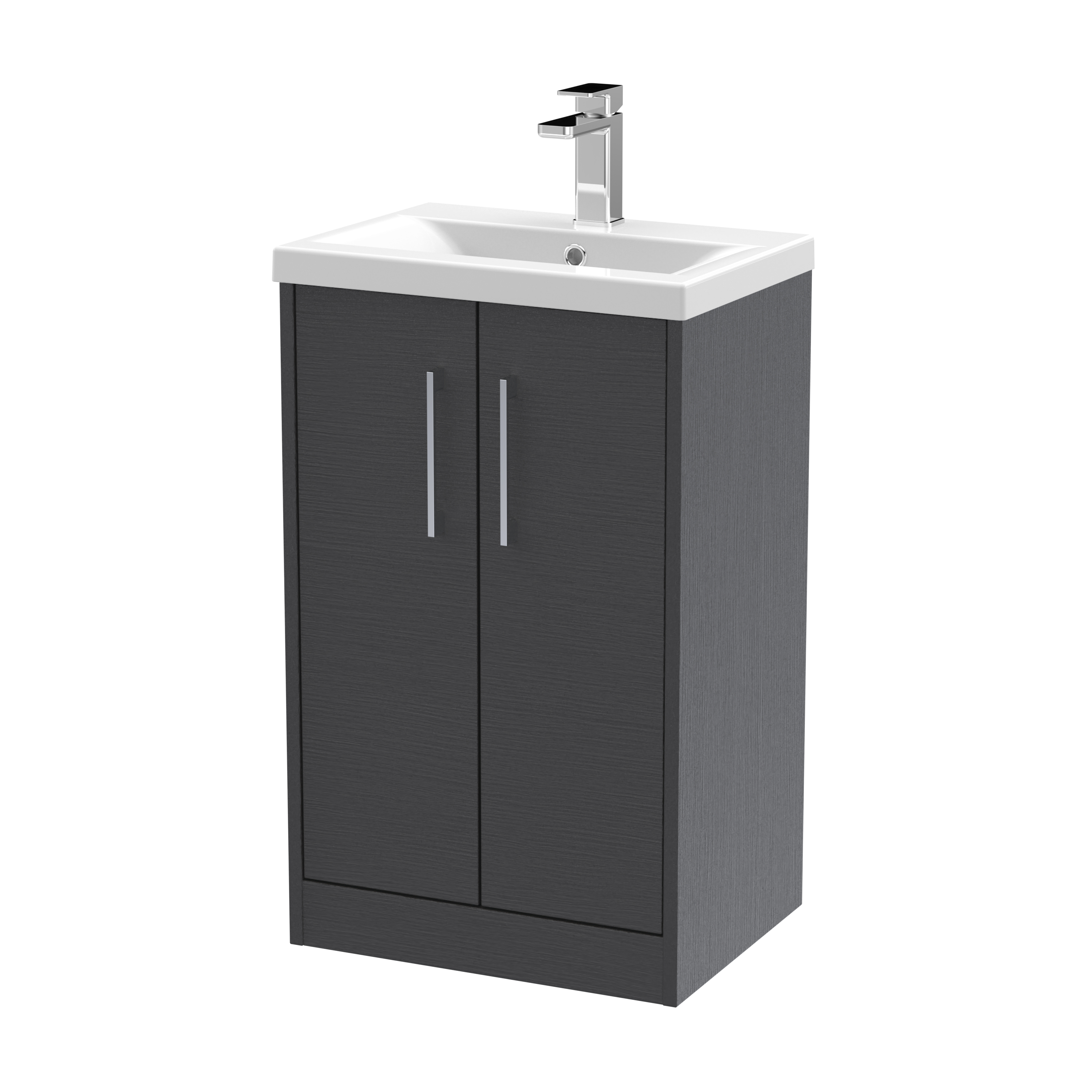 Hudson Reed Juno Graphite Grey Woodgrain 500mm Floor Standing 2 Door Vanity Unit and Mid Edge Ceramic Basin JNU2201A
