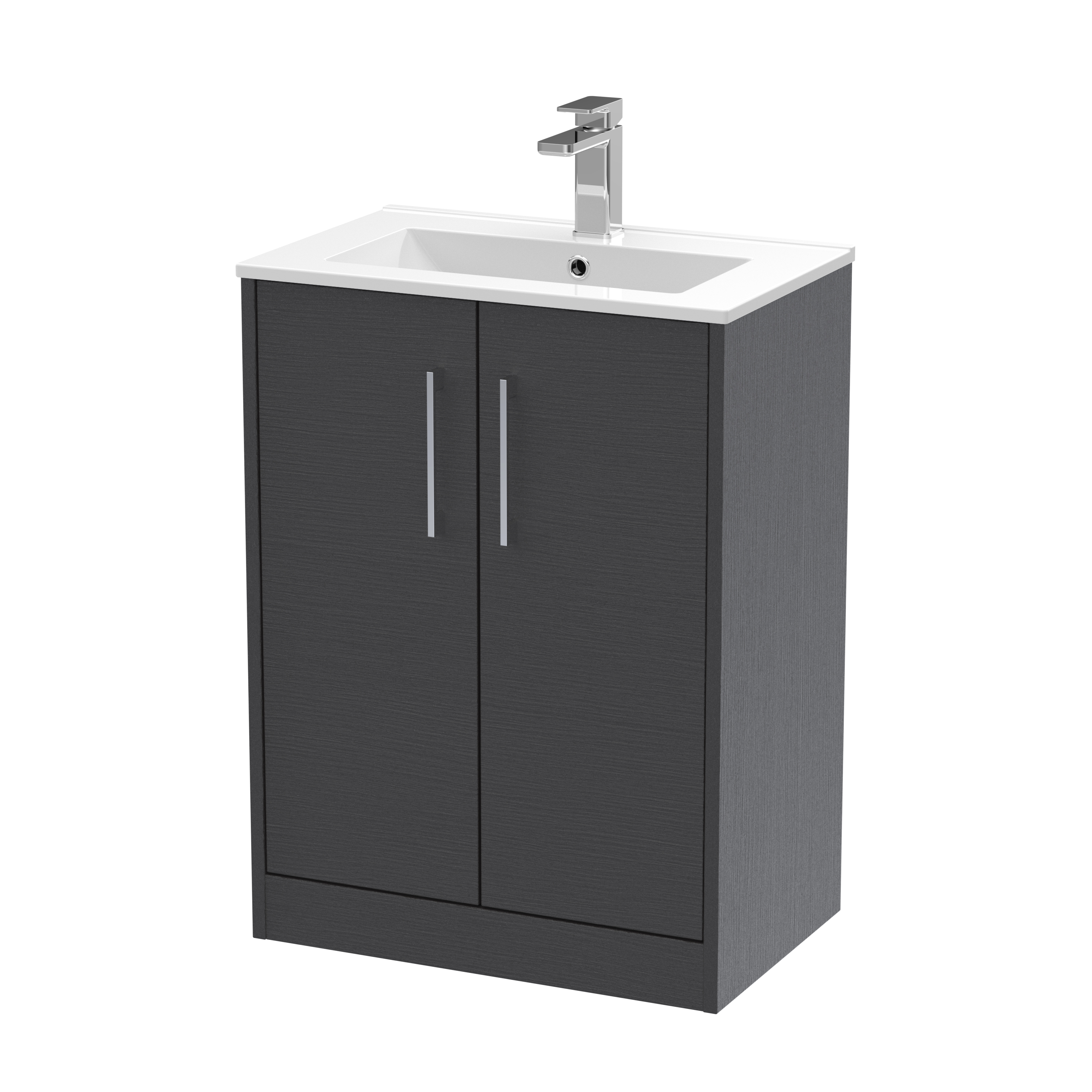 Hudson Reed Juno Graphite Grey Woodgrain 600mm Floor Standing 2 Door Vanity Unit and Basin JNU2203B
