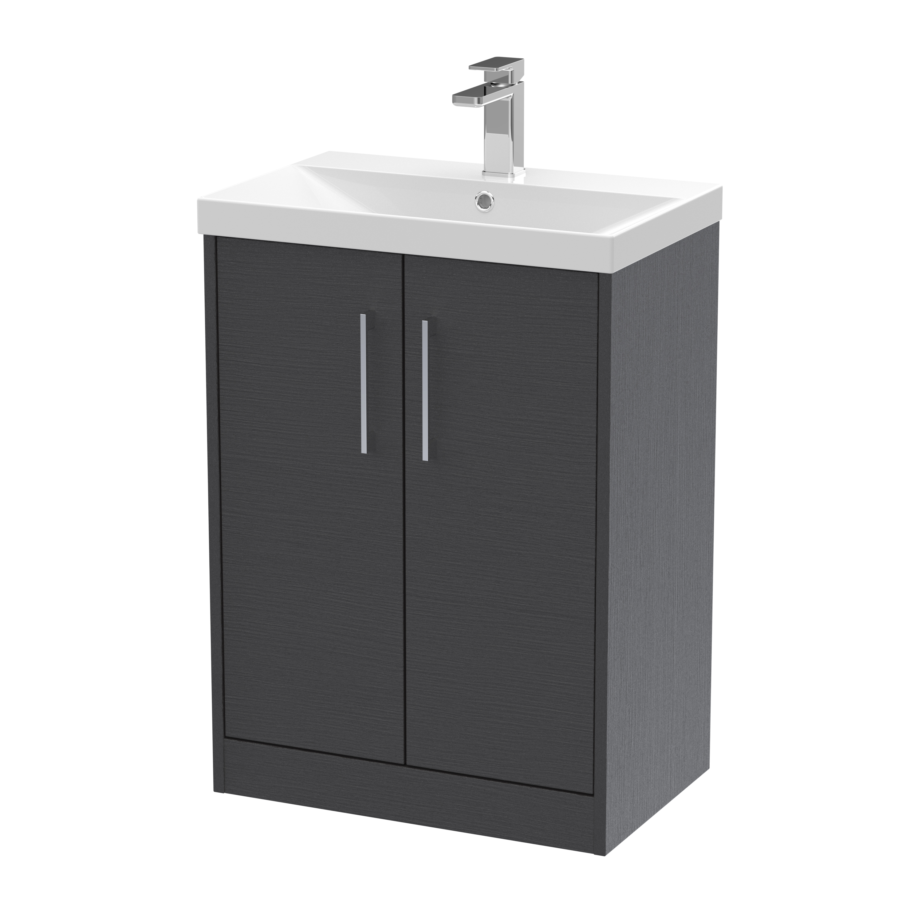 Hudson Reed Juno Graphite Grey Woodgrain 600mm Floor Standing 2 Door Vanity Unit and Thin Edge Basin JNU2203D