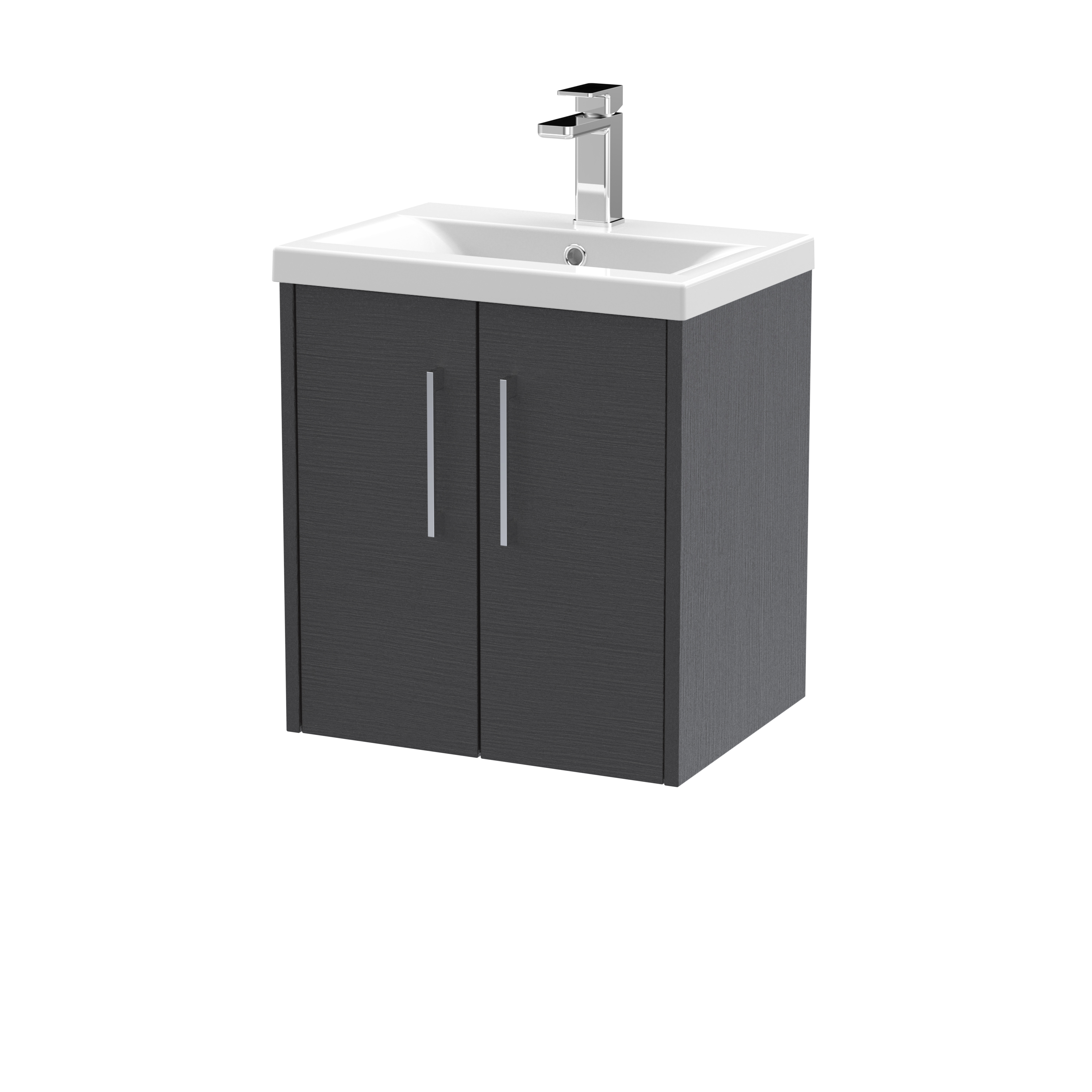 Hudson Reed Juno Graphite Grey Woodgrain 500mm Wall Hung 2 Door Vanity Unit and Mid Edge Ceramic Basin JNU2221A