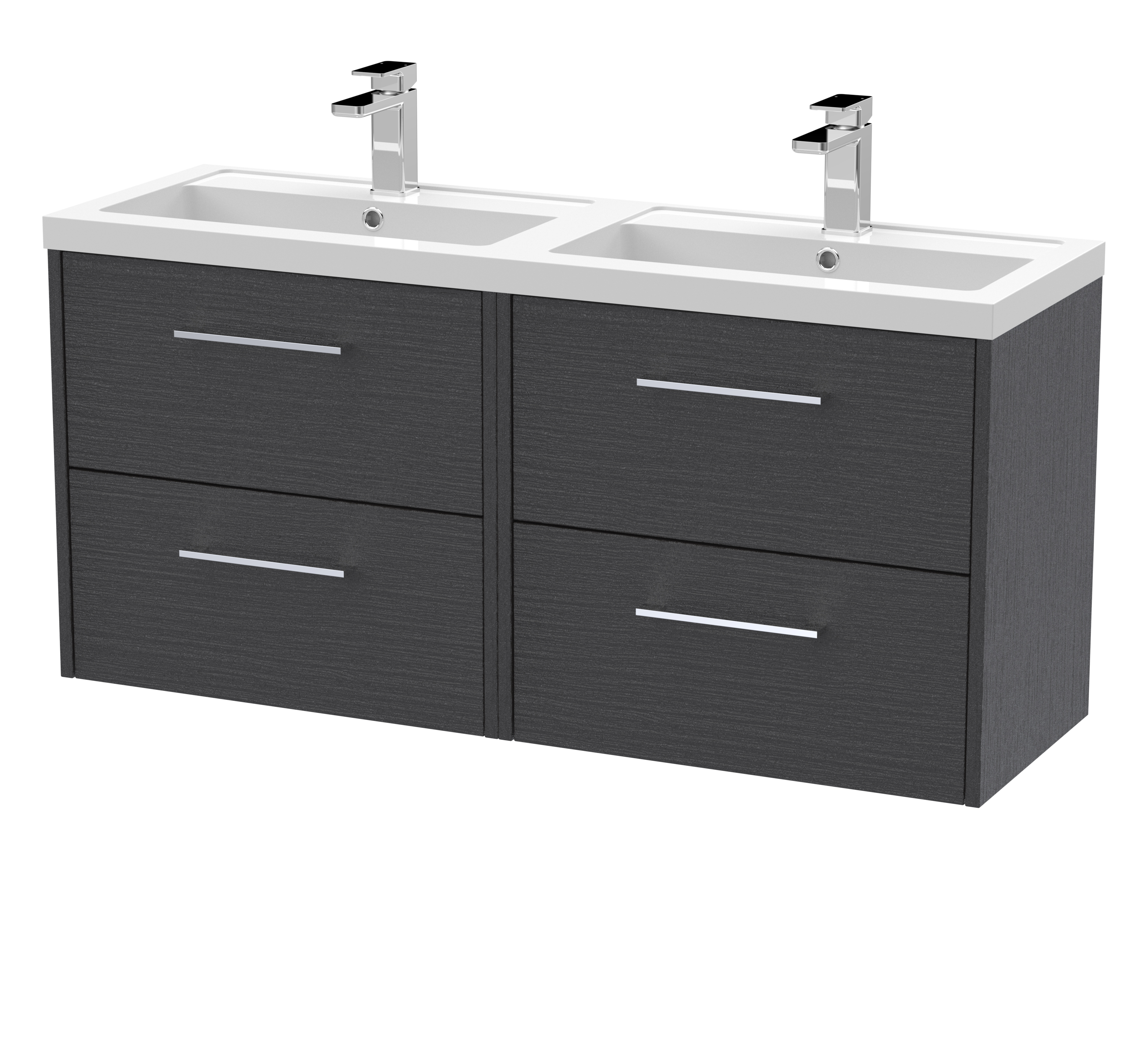Hudson Reed Juno Graphite Grey Woodgrain 1200mm Wall Hung 4 Drawer Vanity Unit and Double Basin JNU2224C