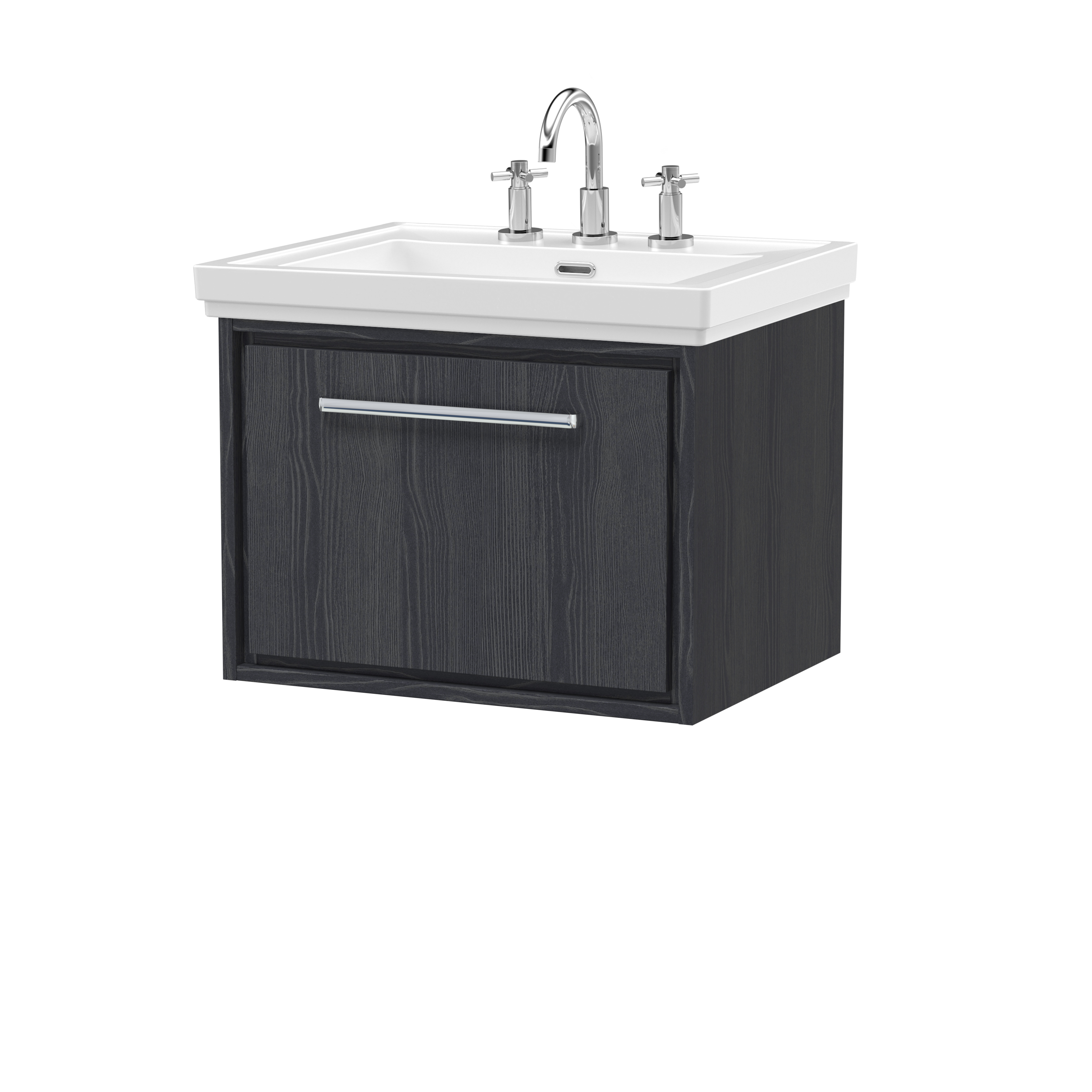 Hudson Reed Lille Graphite Grey Woodgrain 600mm Wall Hung Single Drawer Vanity with Basin 3 Tap Hole LIL2222B