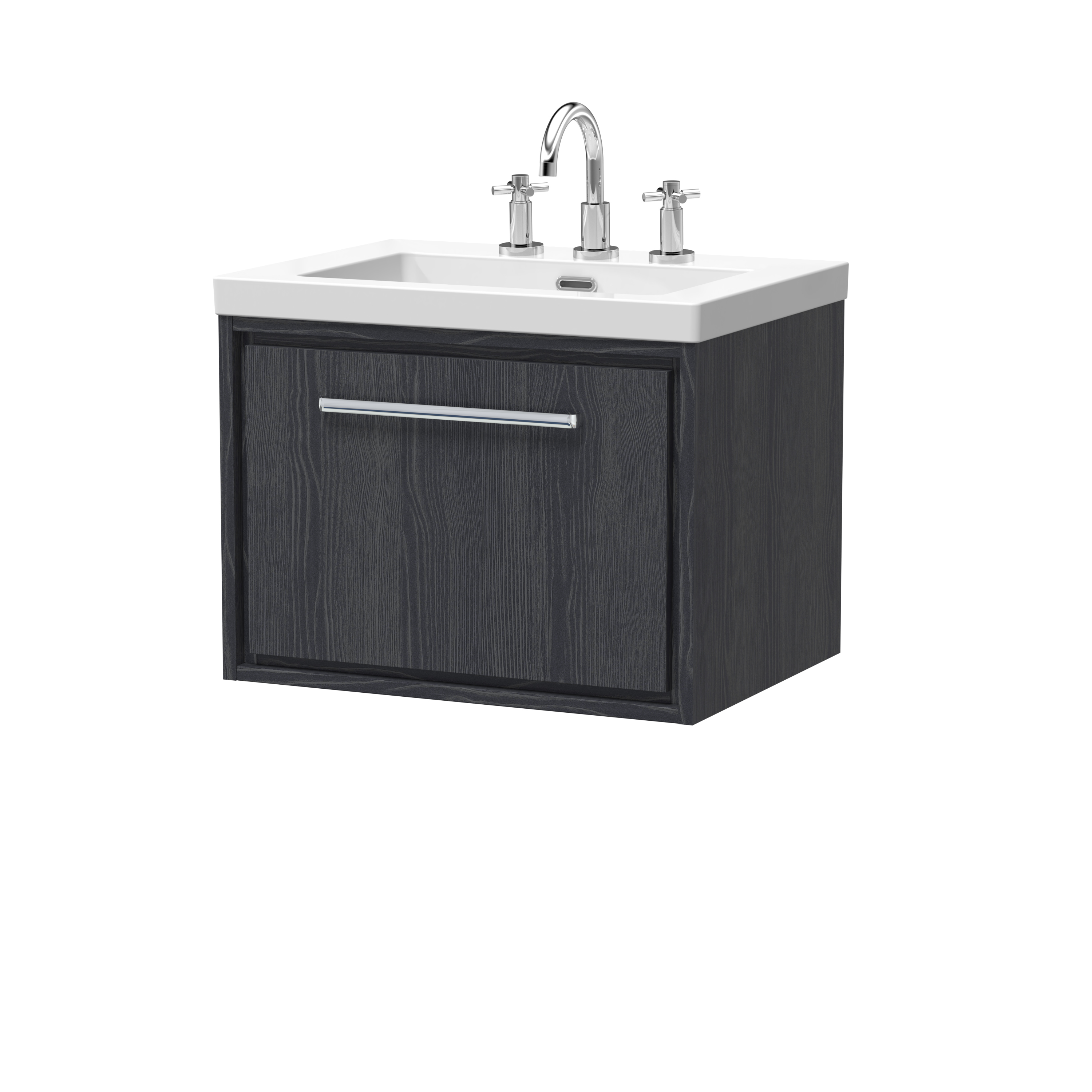 Hudson Reed Lille Graphite Grey Woodgrain 600mm Wall Hung Single Drawer Vanity with Basin 3 Tap Hole LIL2222M