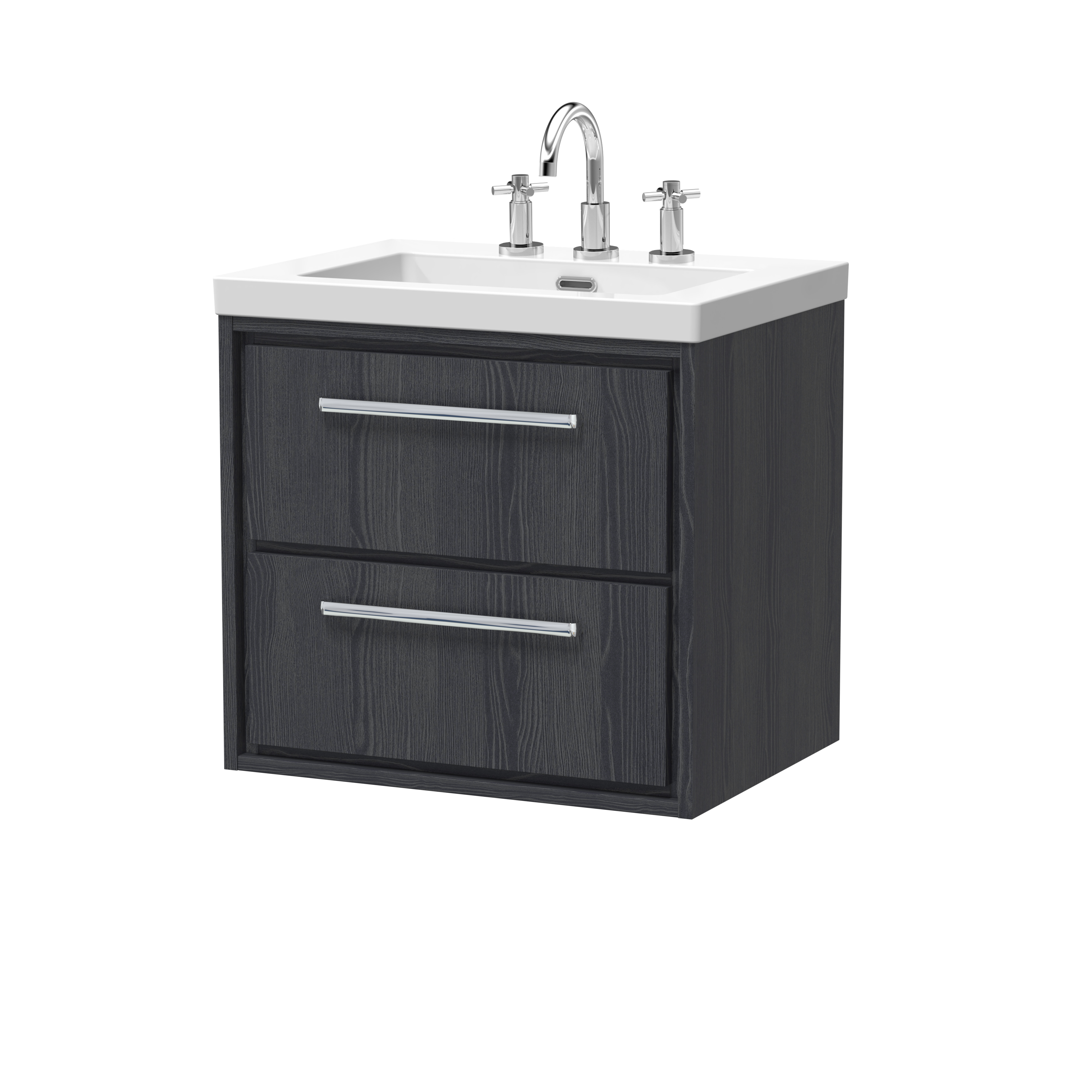 Hudson Reed Lille Graphite Grey Woodgrain 600mm Wall Hung 2 Drawer Vanity with Basin 3 Tap Hole LIL2224M