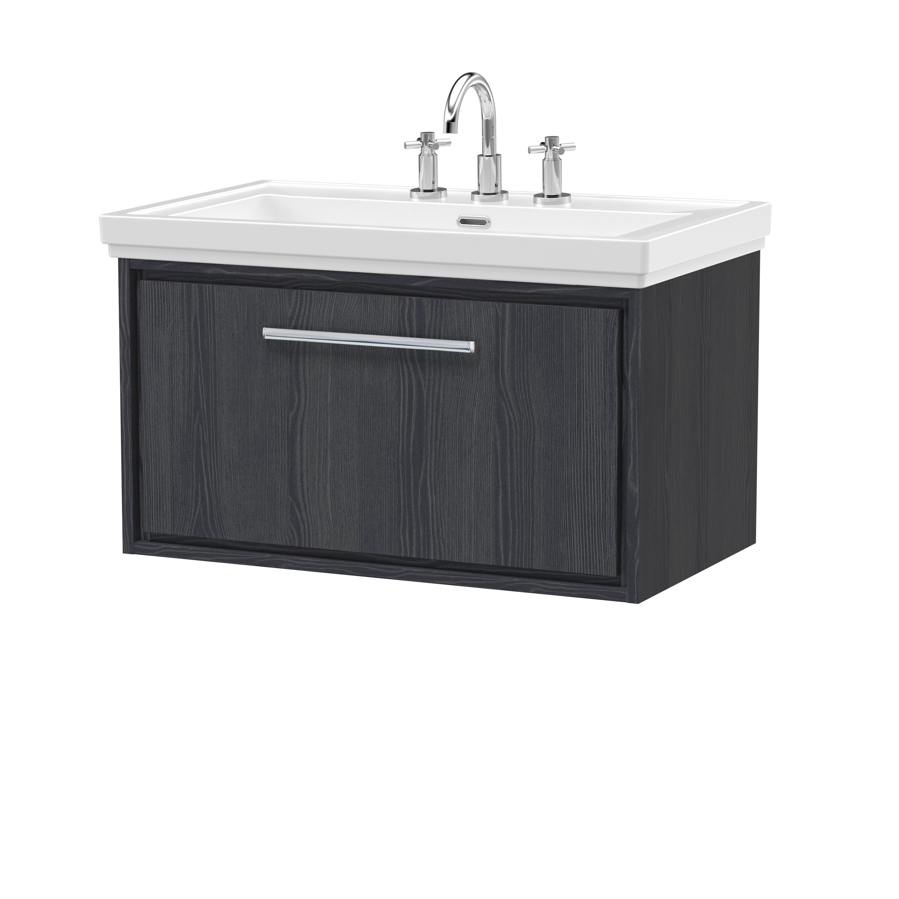 Hudson Reed Lille Graphite Grey Woodgrain 800mm Wall Hung Single Drawer Vanity with Basin 3 Tap Hole LIL2225B
