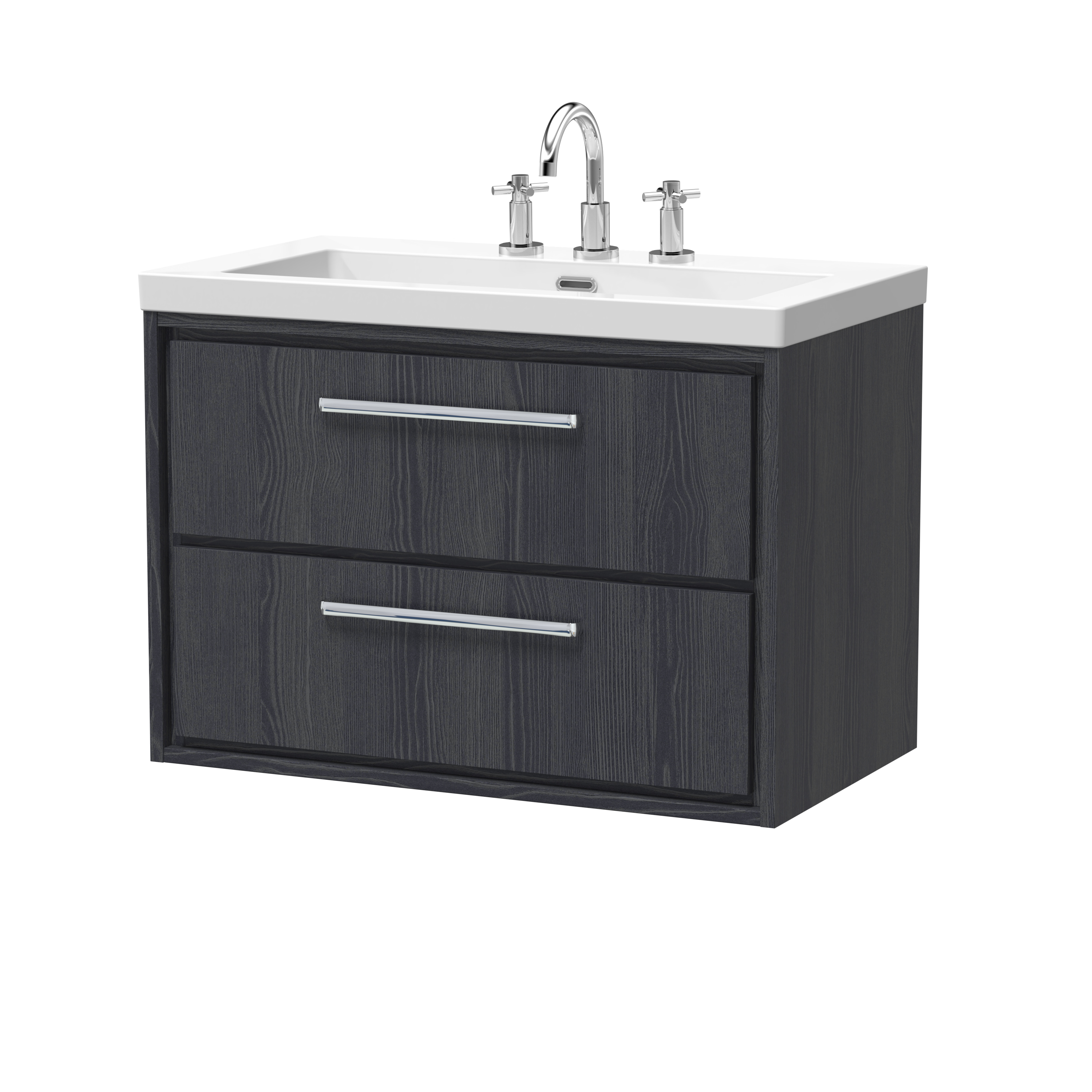 Hudson Reed Lille Graphite Grey Woodgrain 800mm Wall Hung 2 Drawer Vanity with Basin 3 Tap Hole LIL2226M
