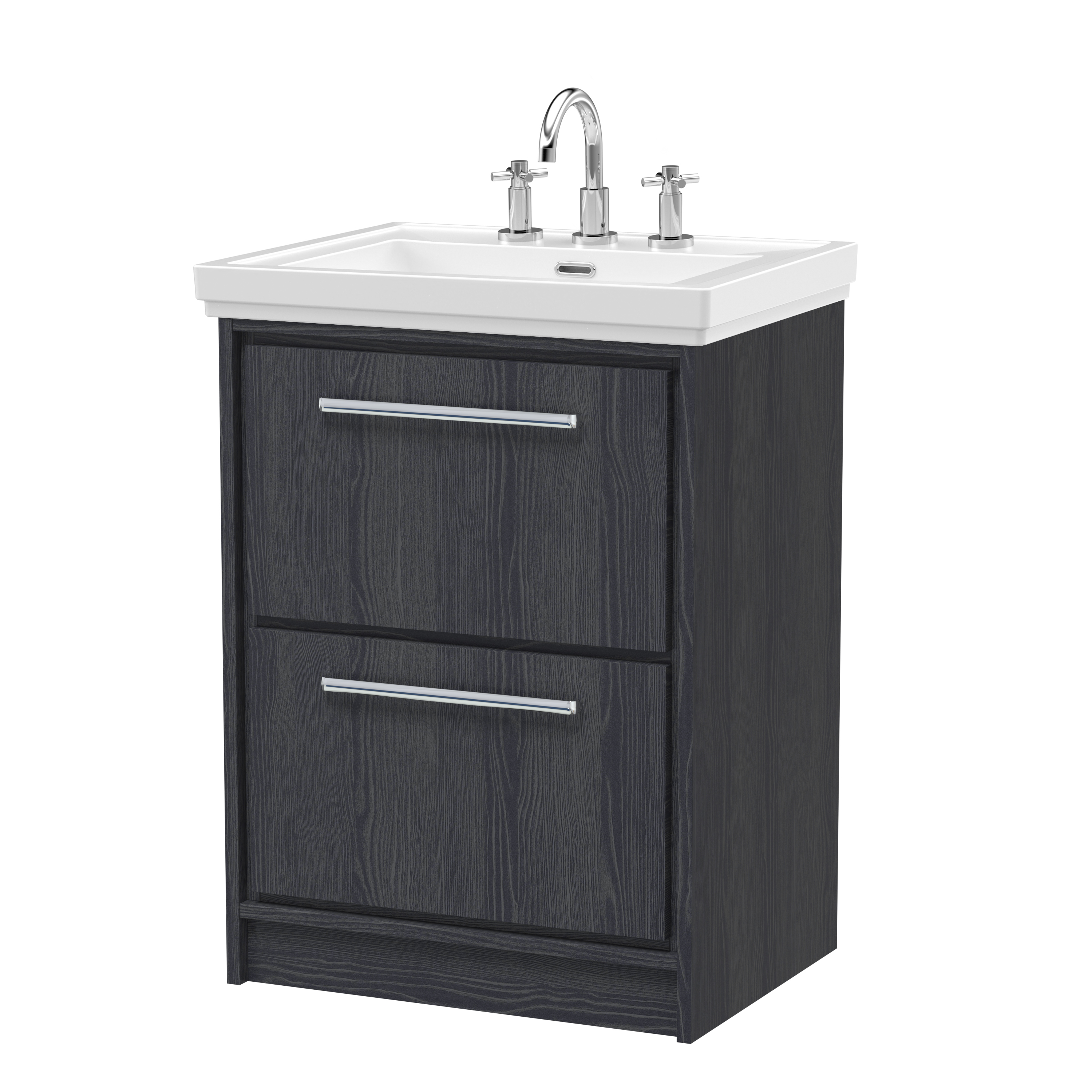 Hudson Reed Lille Graphite Grey Woodgrain 600mm Floor Standing 2 Drawer Vanity with Basin 3 Tap Hole LIL2233B
