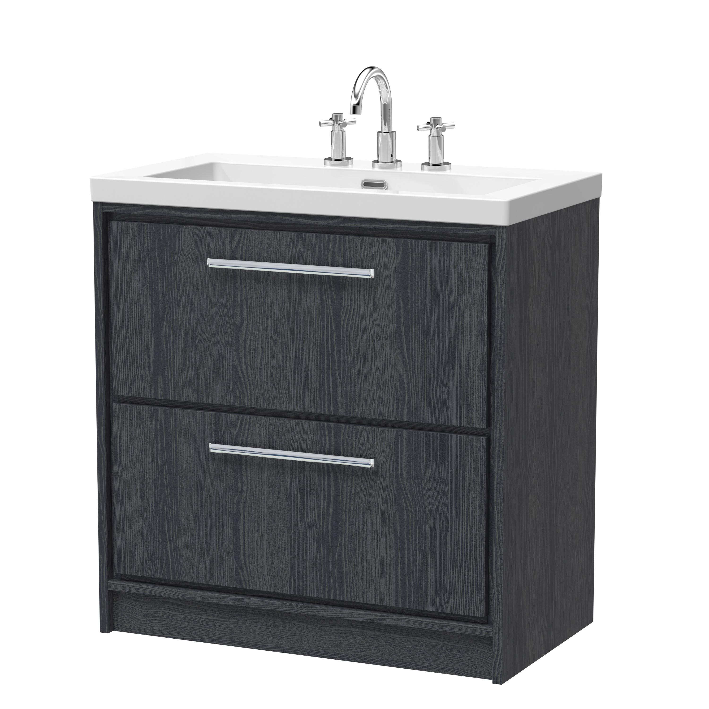 Hudson Reed Lille Graphite Grey Woodgrain 800mm Floor Standing 2 Drawer Vanity with Basin 3 Tap Hole LIL2235M