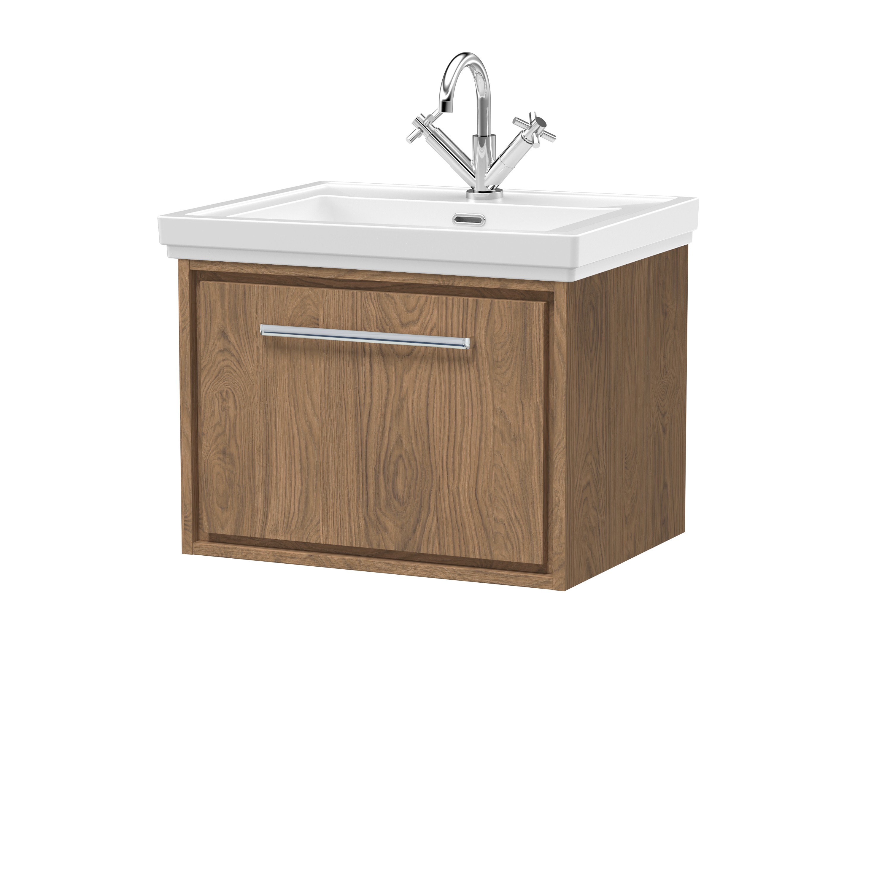 Hudson Reed Lille Antique Oak 600mm Wall Hung Single Drawer Vanity with Basin 1 Tap Hole LIL2722A