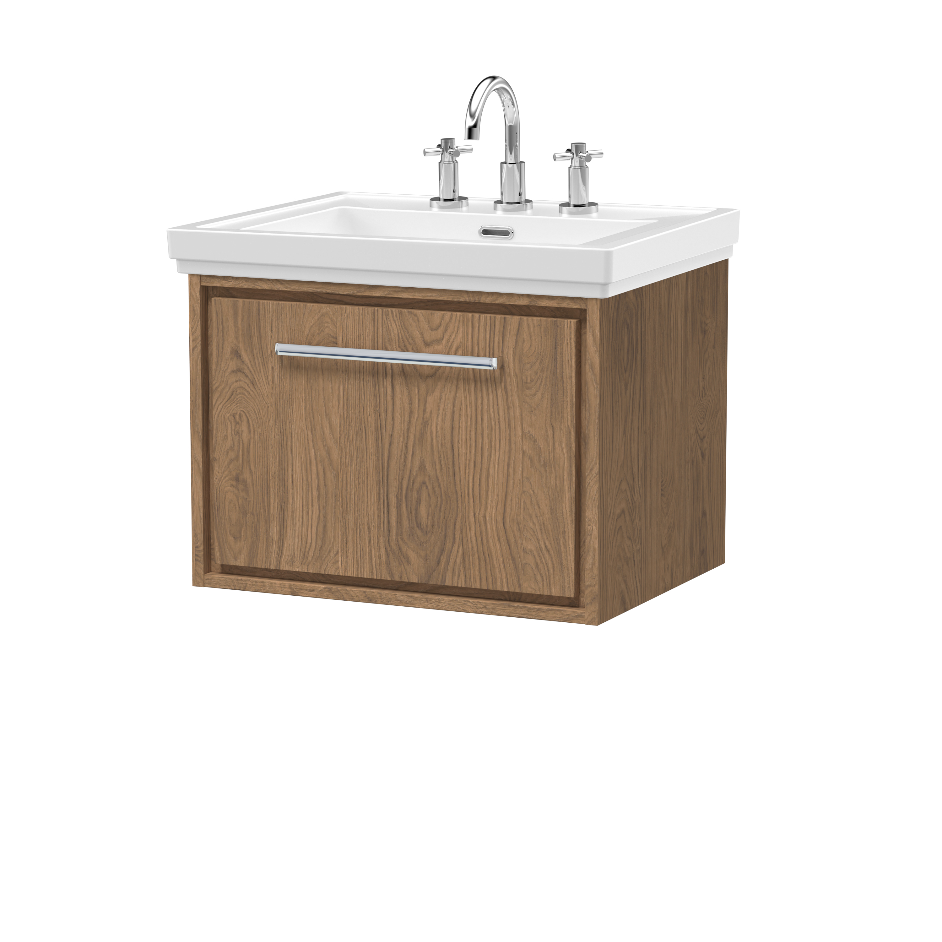 Hudson Reed Lille Antique Oak 600mm Wall Hung Single Drawer Vanity with Basin 3 Tap Hole LIL2722B
