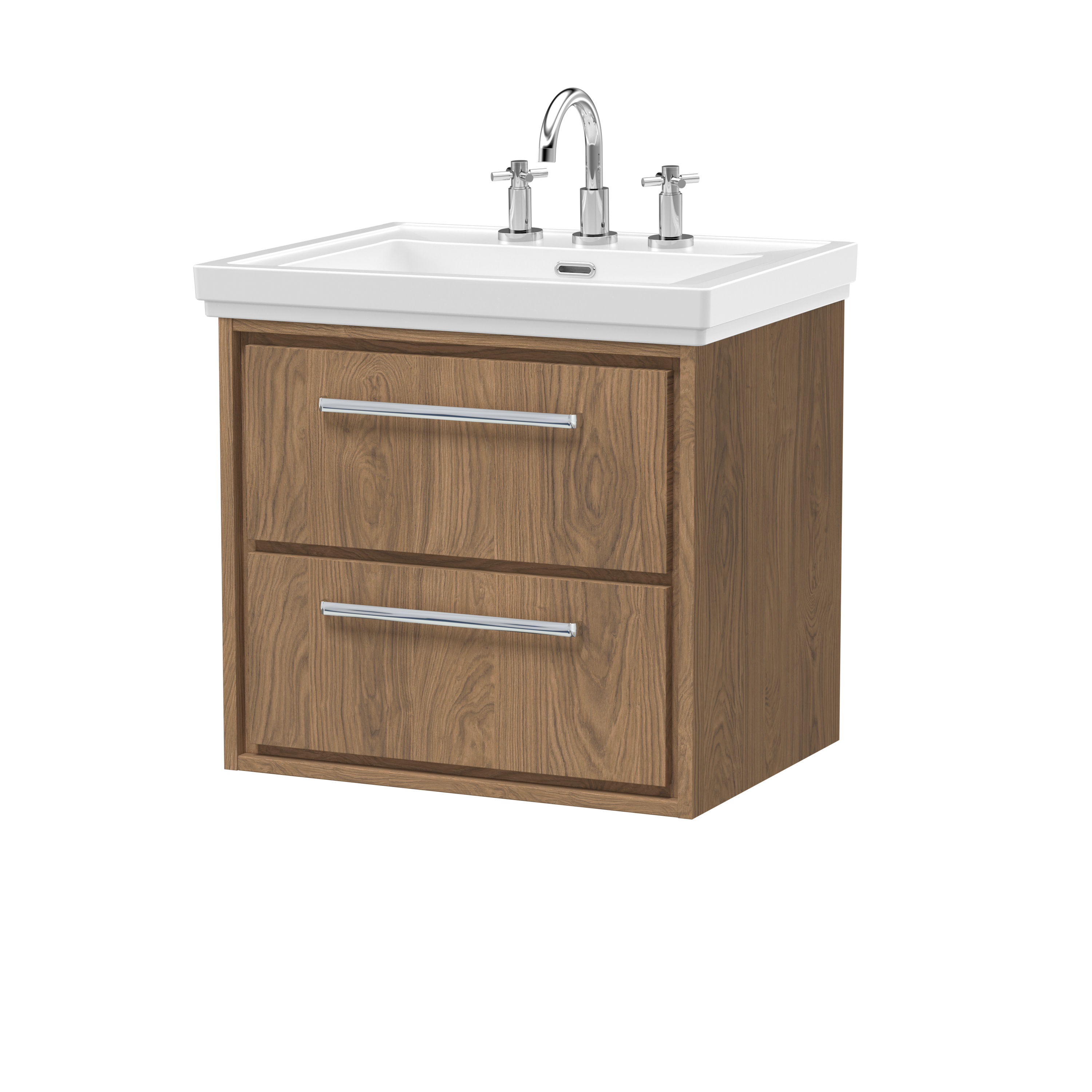 Hudson Reed Lille Antique Oak 600mm Wall Hung 2 Drawer Vanity with Basin 3 Tap Hole LIL2724B