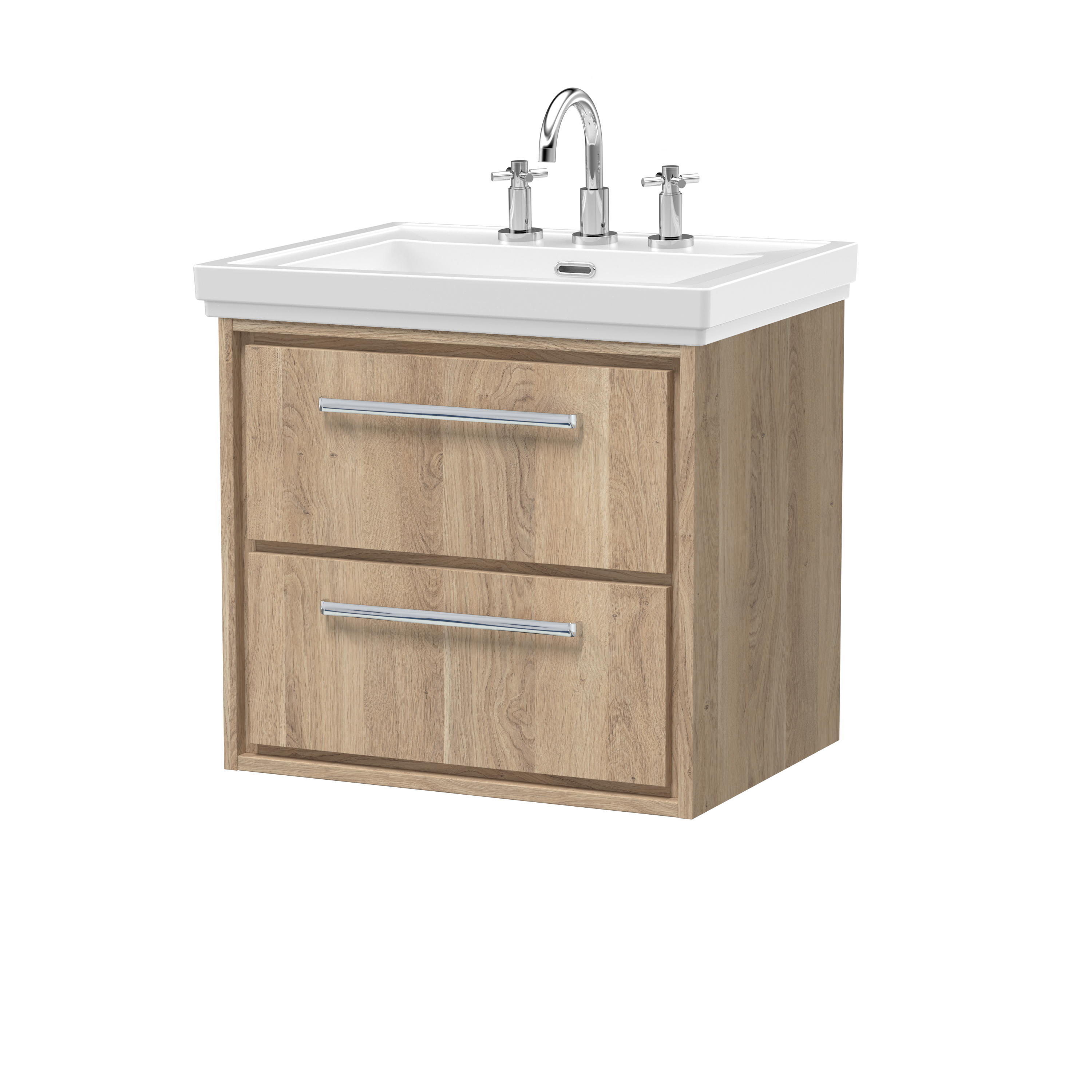 Hudson Reed Lille Bleached Oak 600mm Wall Hung 2 Drawer Vanity with Basin 3 Tap Hole LIL3024B