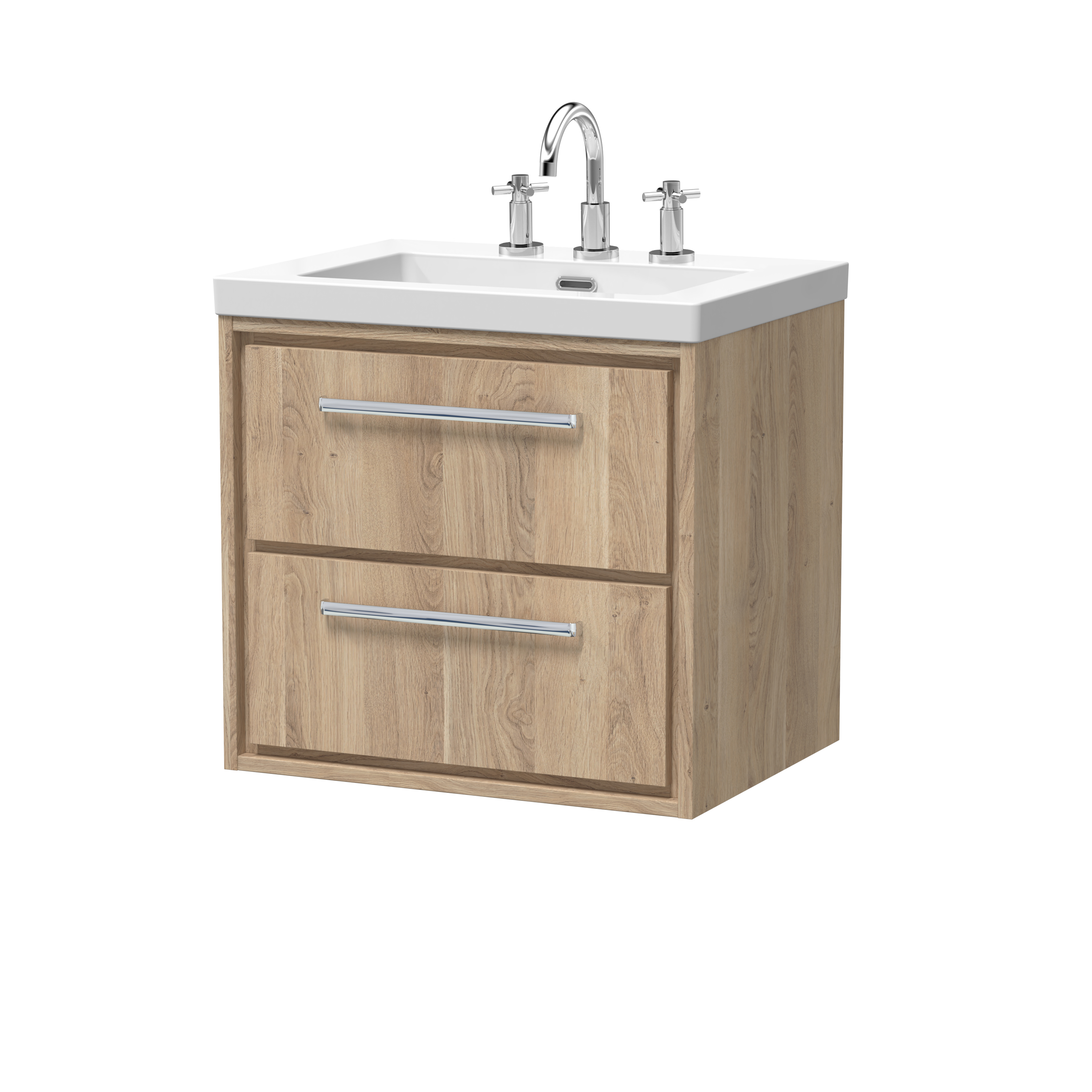 Hudson Reed Lille Bleached Oak 600mm Wall Hung 2 Drawer Vanity with Basin 3 Tap Hole LIL3024M