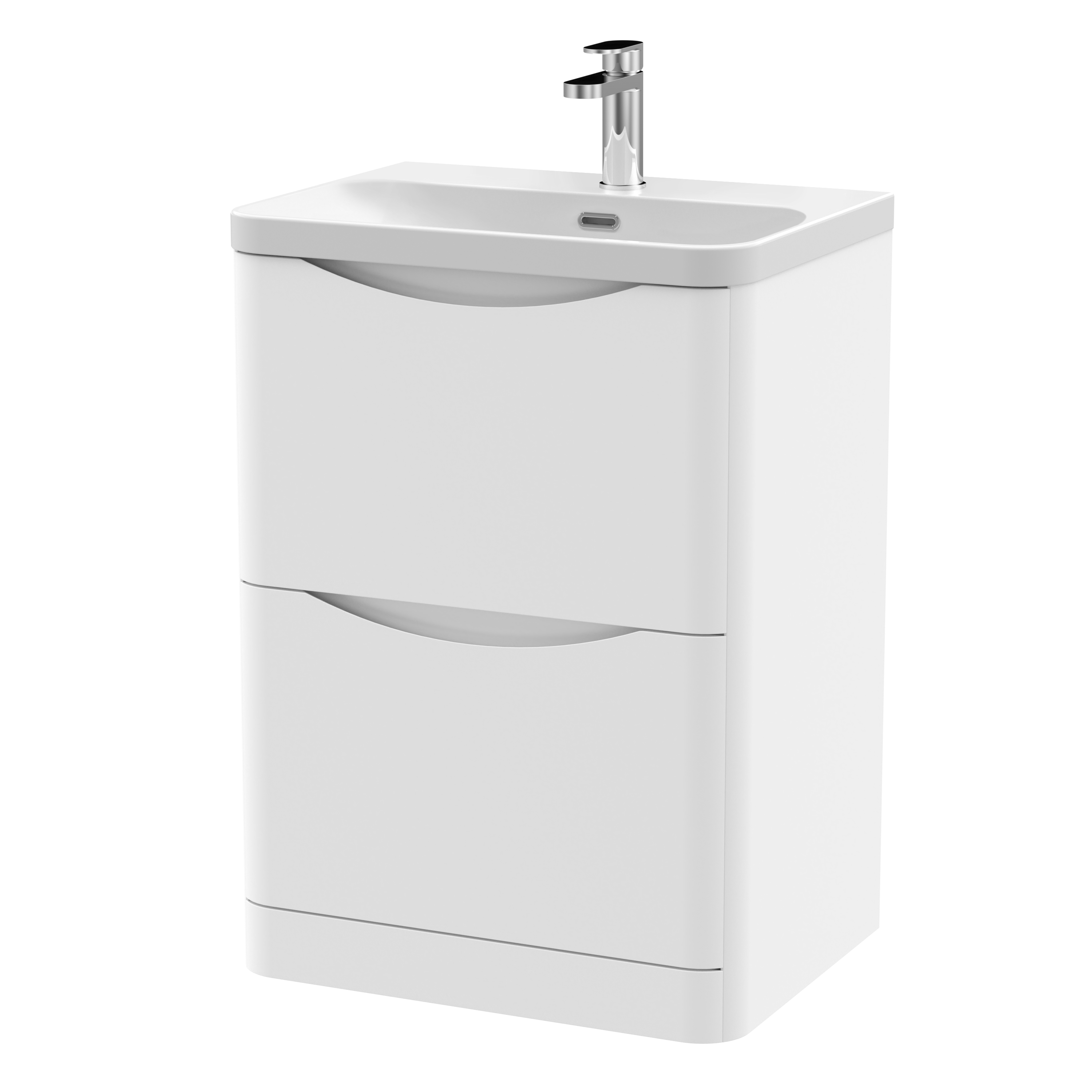 Nuie Lunar Satin White 600mm Floor Standing 2 Drawer Vanity Unit and Thin Edge Ceramic Basin LUN101B