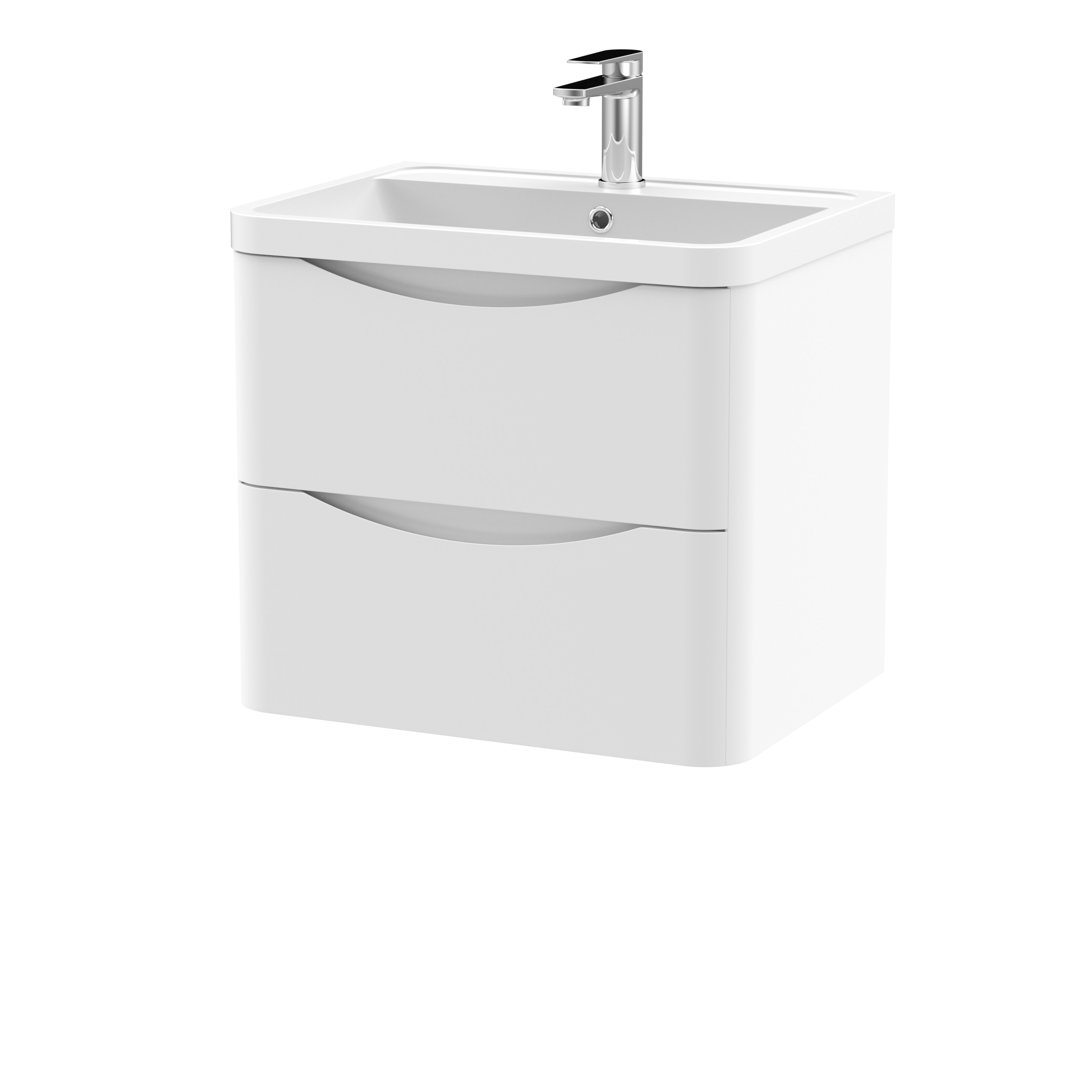 Nuie Lunar Satin White 600mm Wall Hung 2 Drawer Vanity Unit and Polymarble Basin LUN102