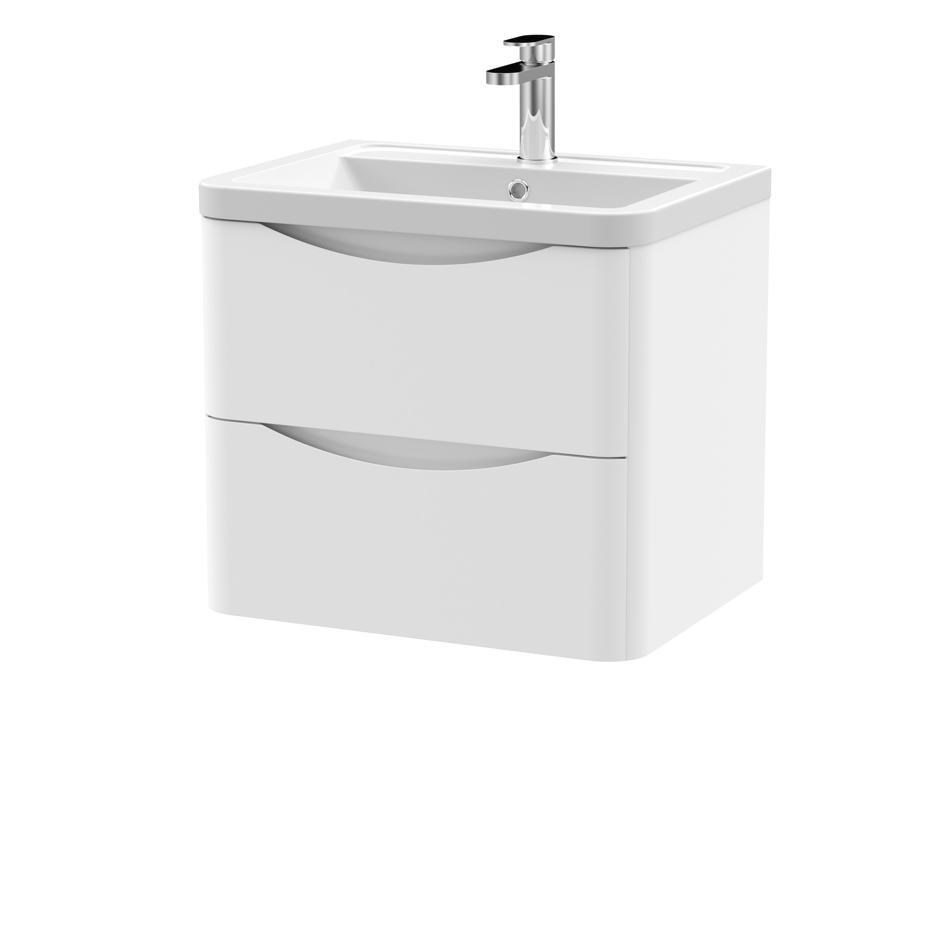 Nuie Lunar Satin White 600mm Wall Hung 2 Drawer Vanity Unit and Ceramic Basin LUN102A