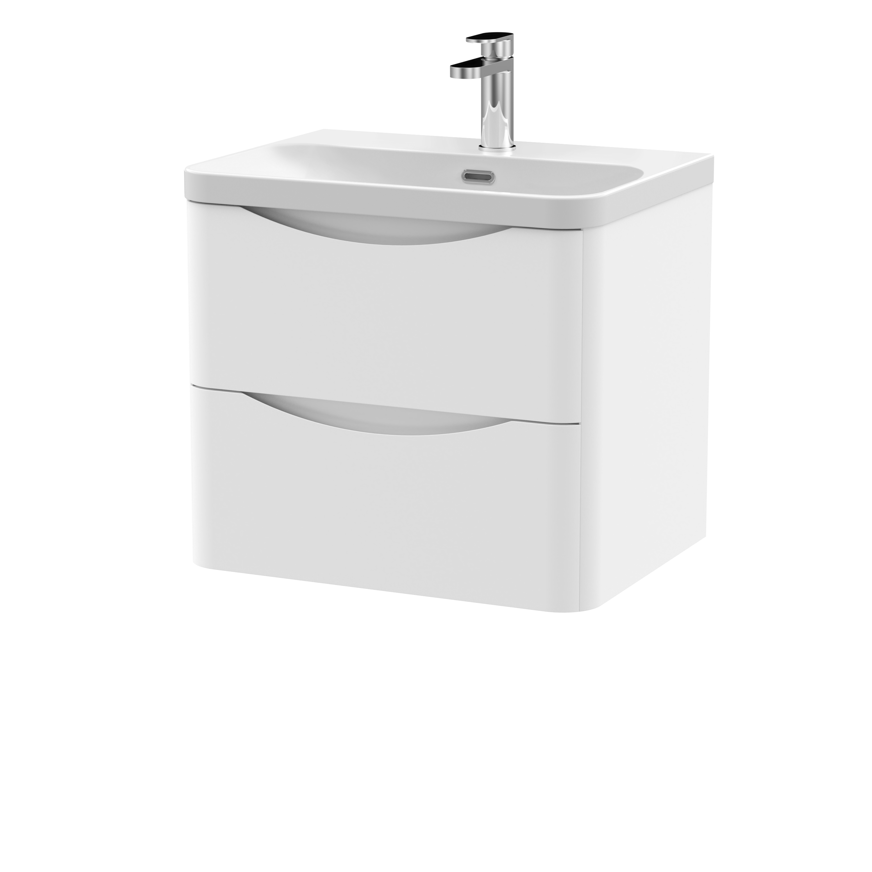 Nuie Lunar Satin White 600mm Wall Hung 2 Drawer Vanity Unit and Thin Edge Ceramic Basin LUN102B