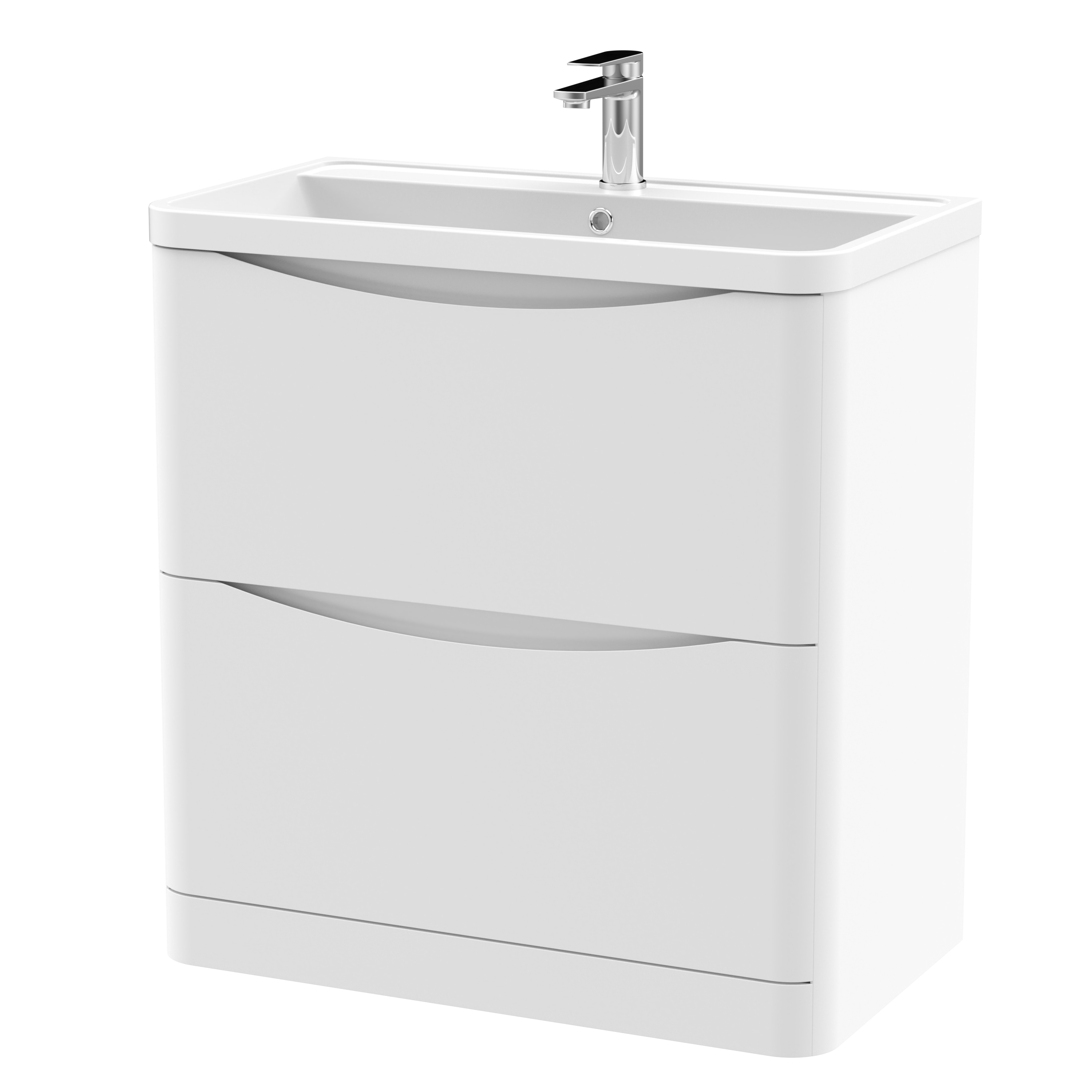 Nuie Lunar Satin White 800mm Floor Standing 2 Drawer Vanity Unit and Polymarble Basin LUN103