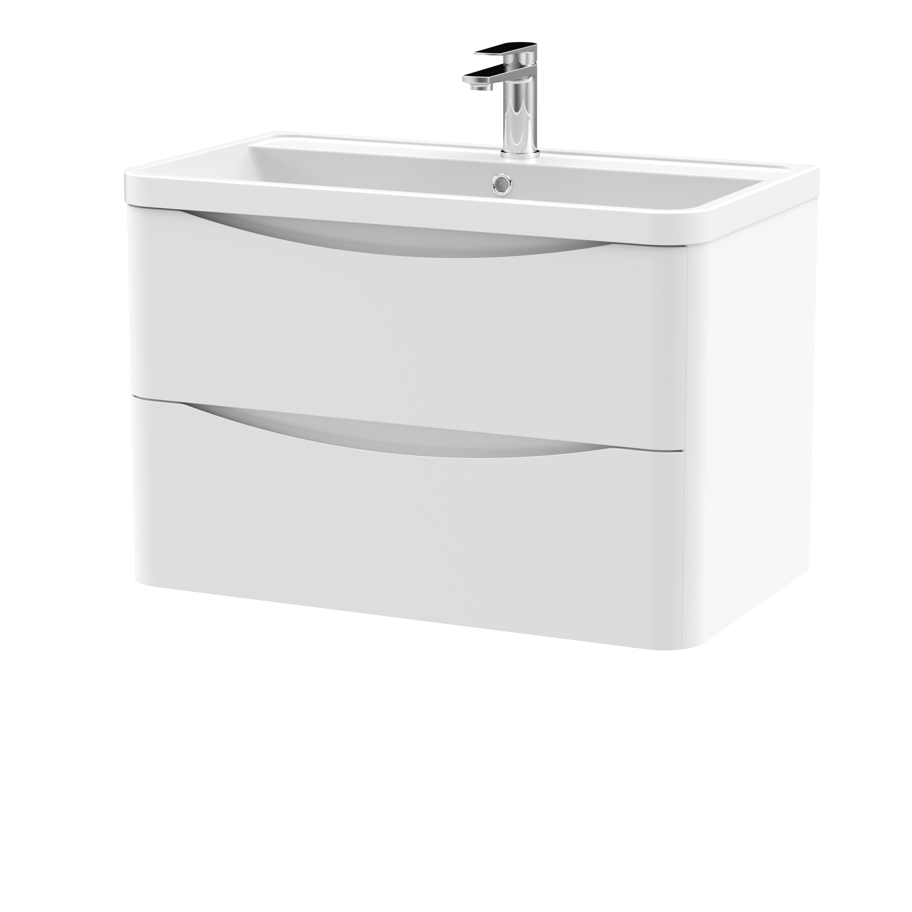 Nuie Lunar Satin White 800mm Wall Hung 2 Drawer Vanity Unit and Polymarble Basin LUN104