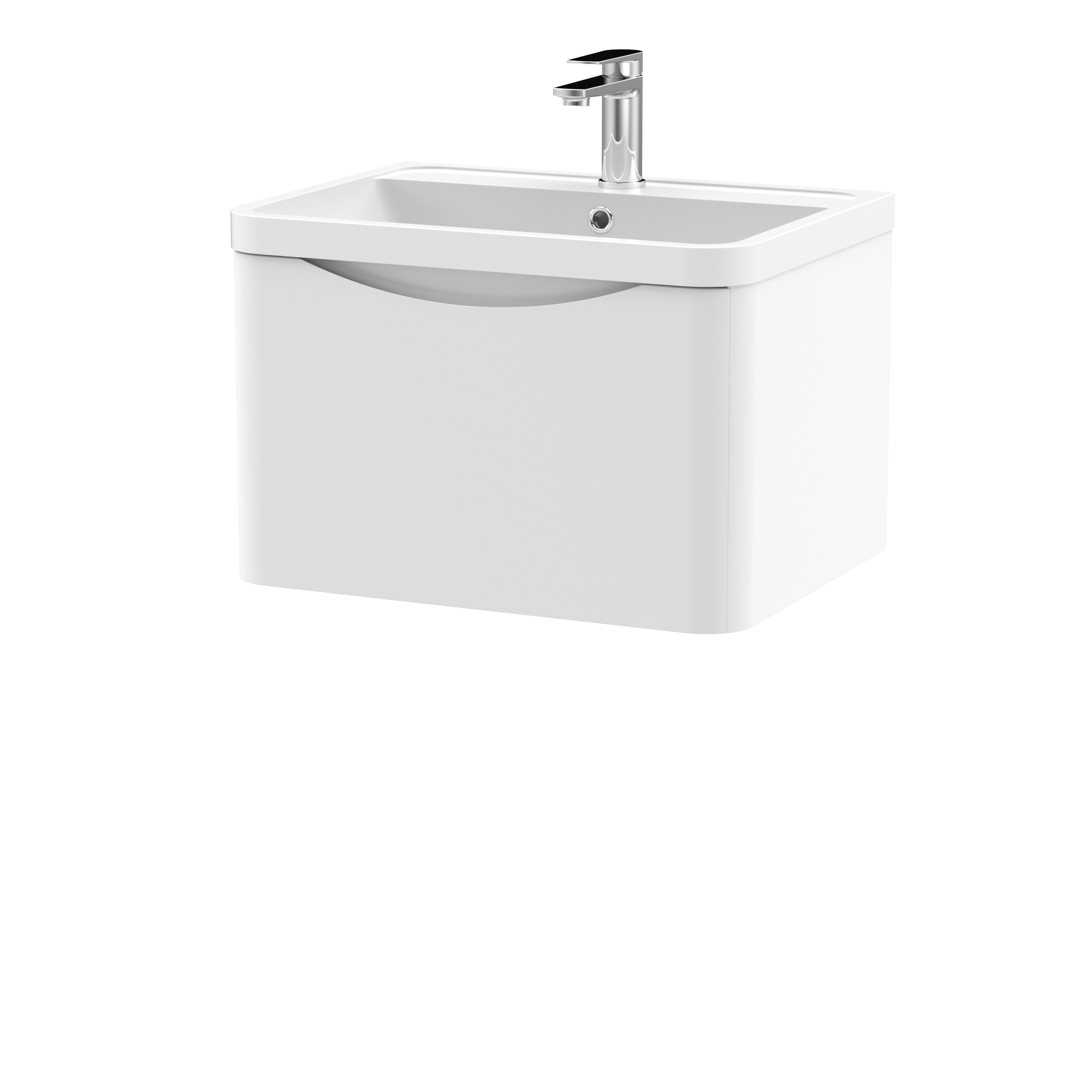Nuie Lunar Satin White 600mm Wall Hung 1 Drawer Vanity Unit and Polymarble Basin LUN105