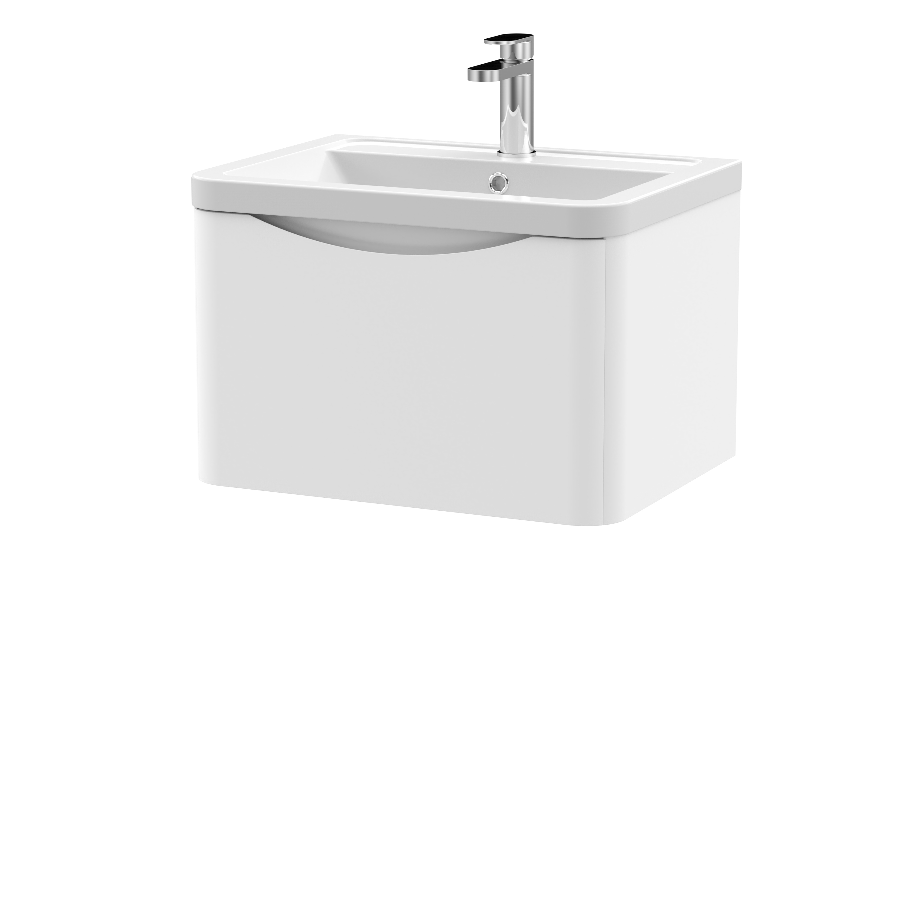 Nuie Lunar Satin White 600mm Wall Hung 1 Drawer Vanity Unit and Ceramic Basin LUN105A
