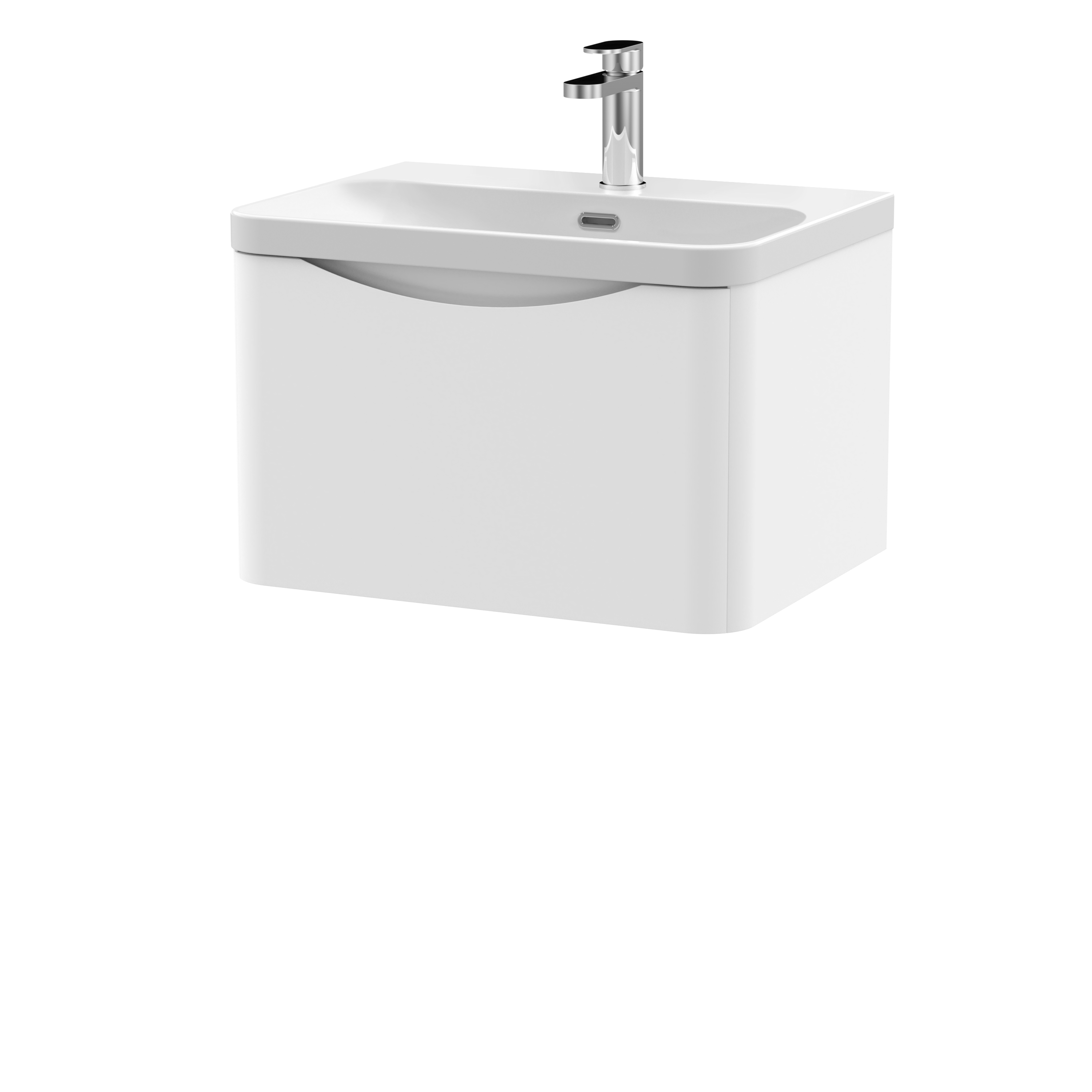 Nuie Lunar Satin White 600mm Wall Hung 1 Drawer Vanity Unit and Thin Edge Ceramic Basin LUN105B