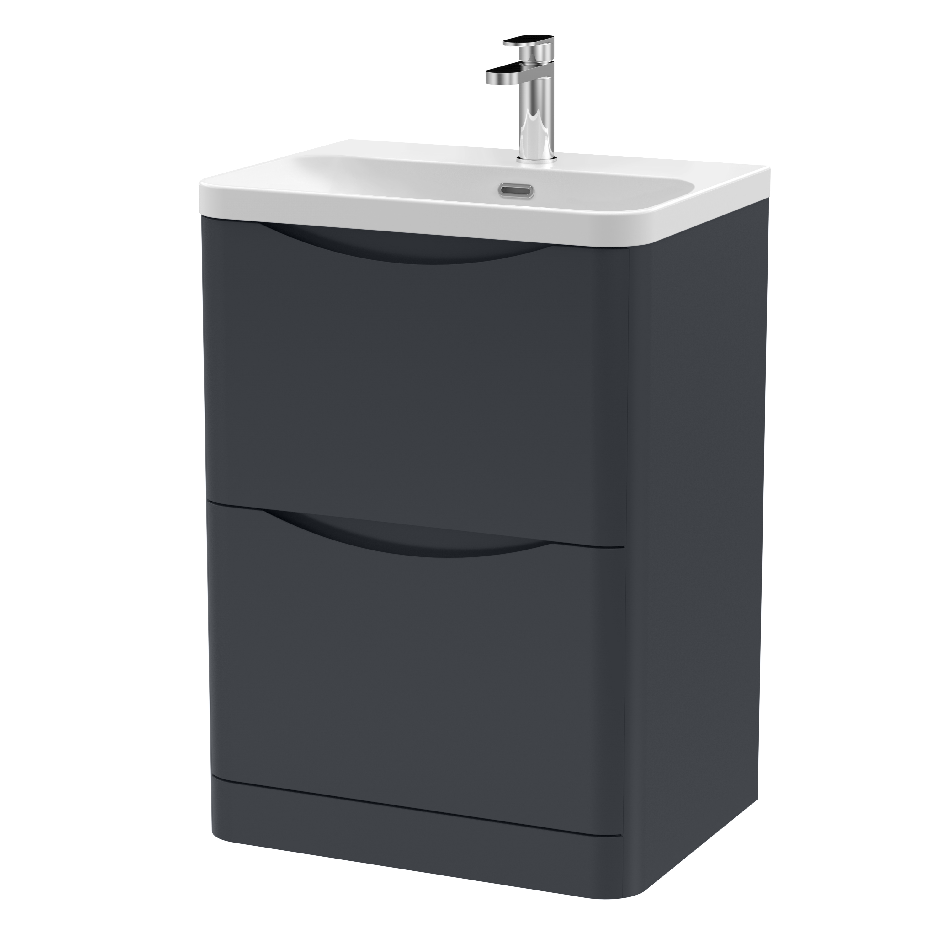 Nuie Lunar Soft Black 600mm Floor Standing 2 Drawer Vanity Unit and Thin Edge Ceramic Basin LUN1401B