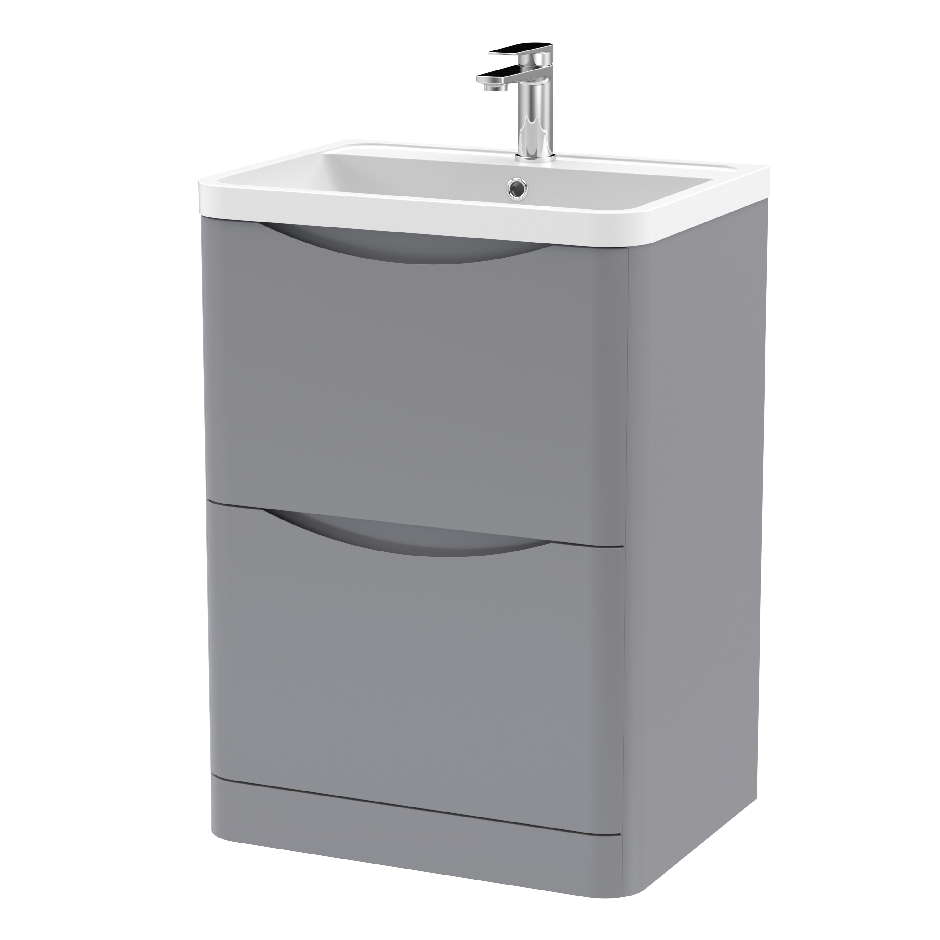 Nuie Lunar Satin Grey 600mm Floor Standing 2 Drawer Vanity Unit and Polymarble Basin LUN201