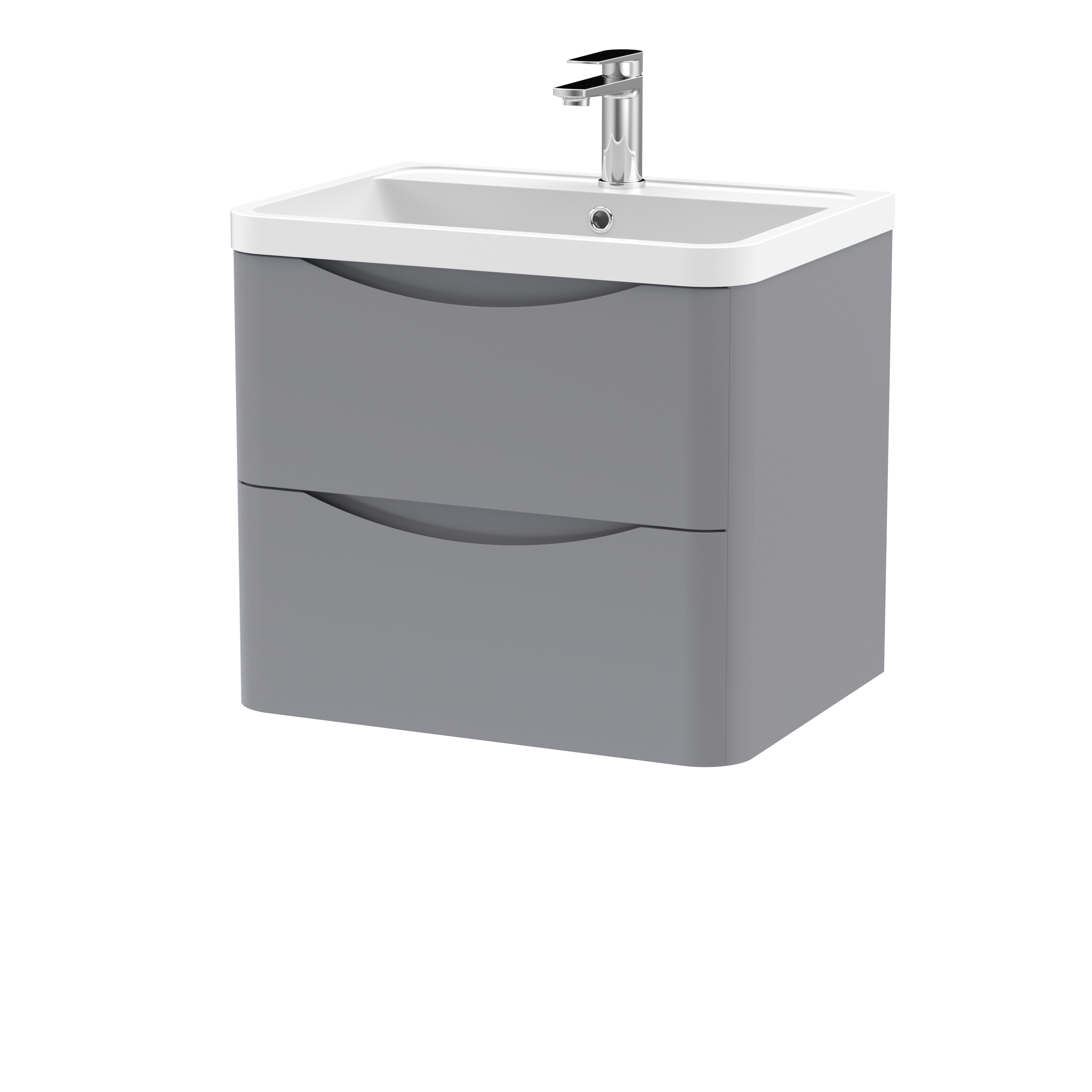 Nuie Lunar Satin Grey 600mm Wall Hung 2 Drawer Vanity Unit and Polymarble Basin LUN202