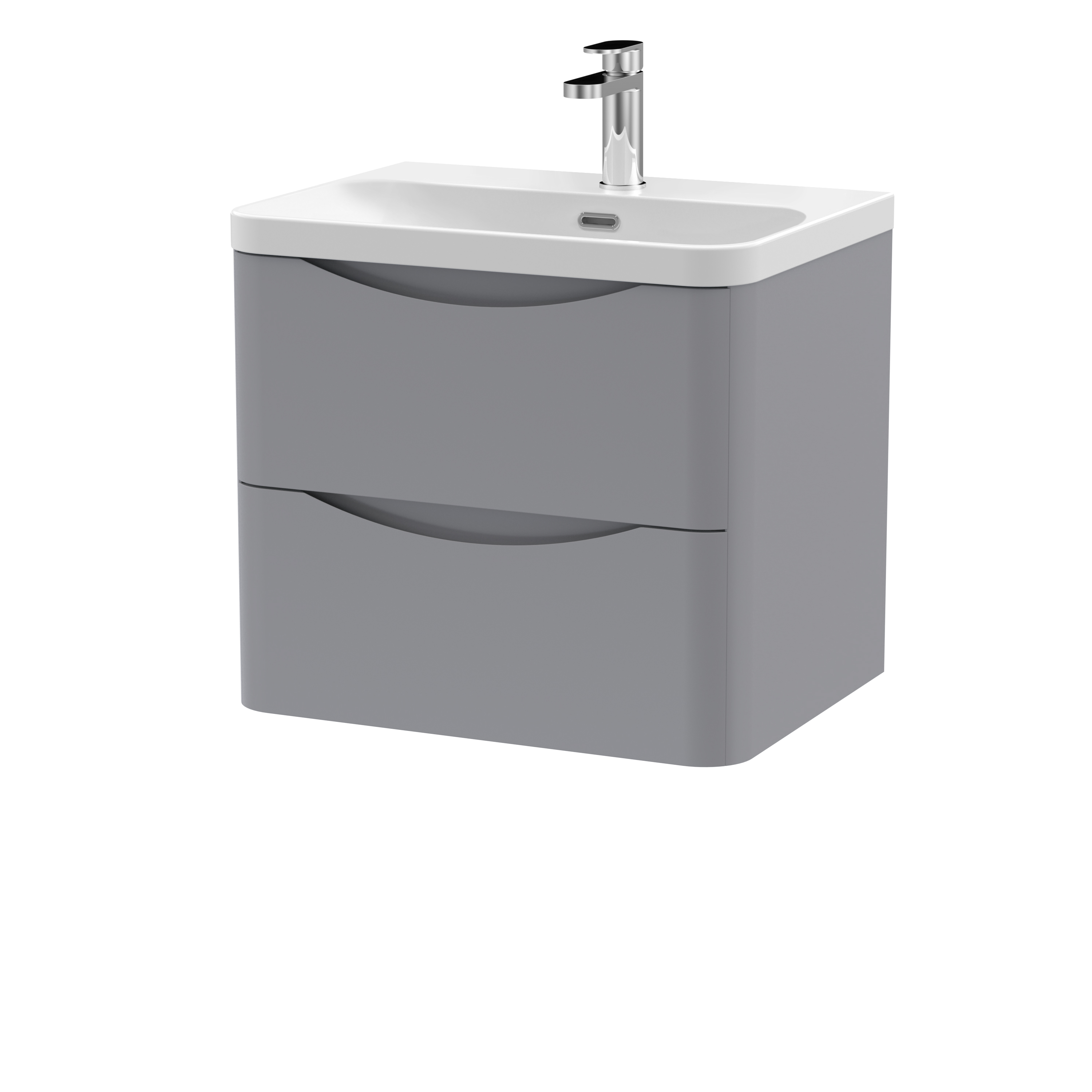 Nuie Lunar Satin Grey 600mm Wall Hung 2 Drawer Vanity Unit and Thin Edge Ceramic Basin LUN202B