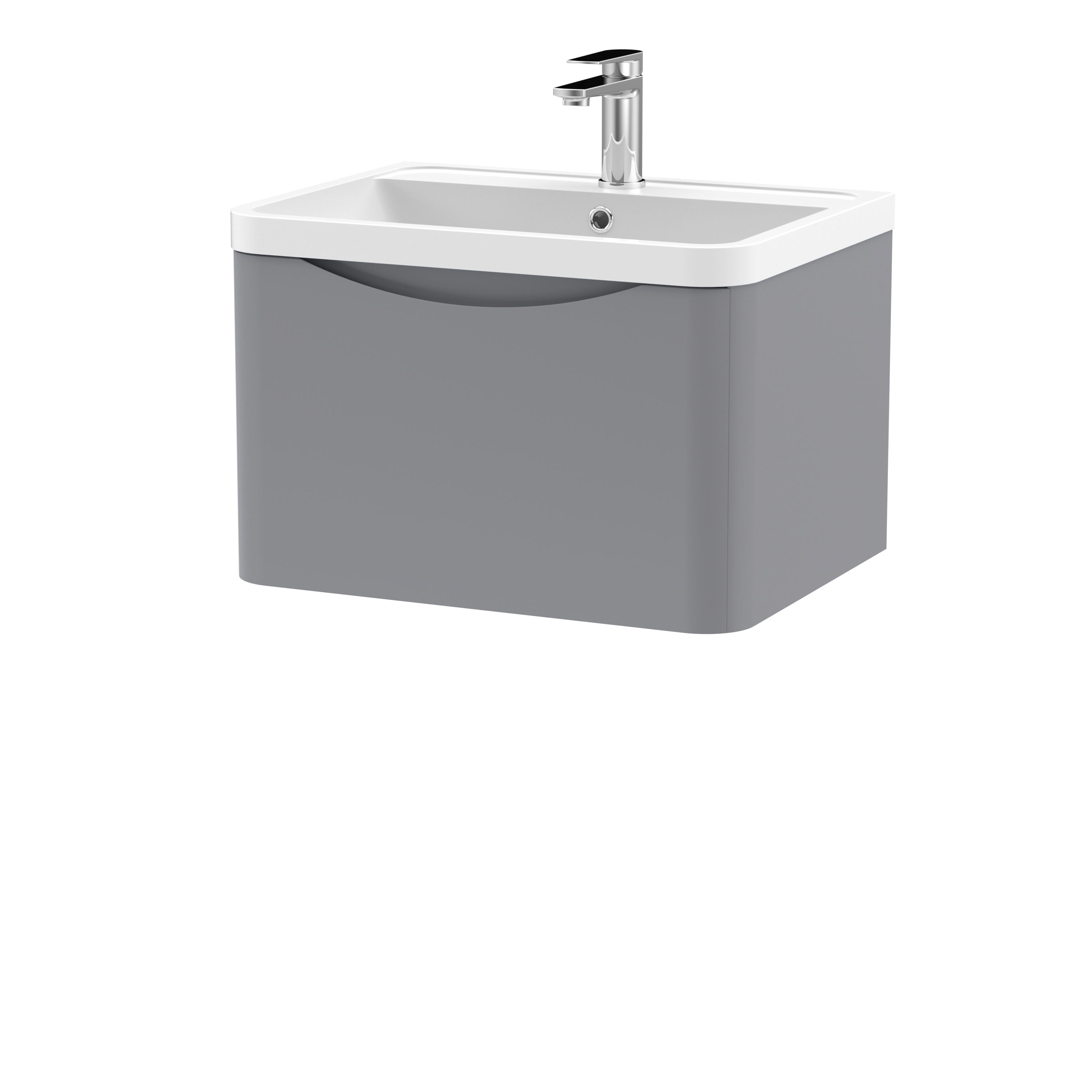 Nuie Lunar Satin Grey 600mm Wall Hung 1 Drawer Vanity Unit and Polymarble Basin LUN205
