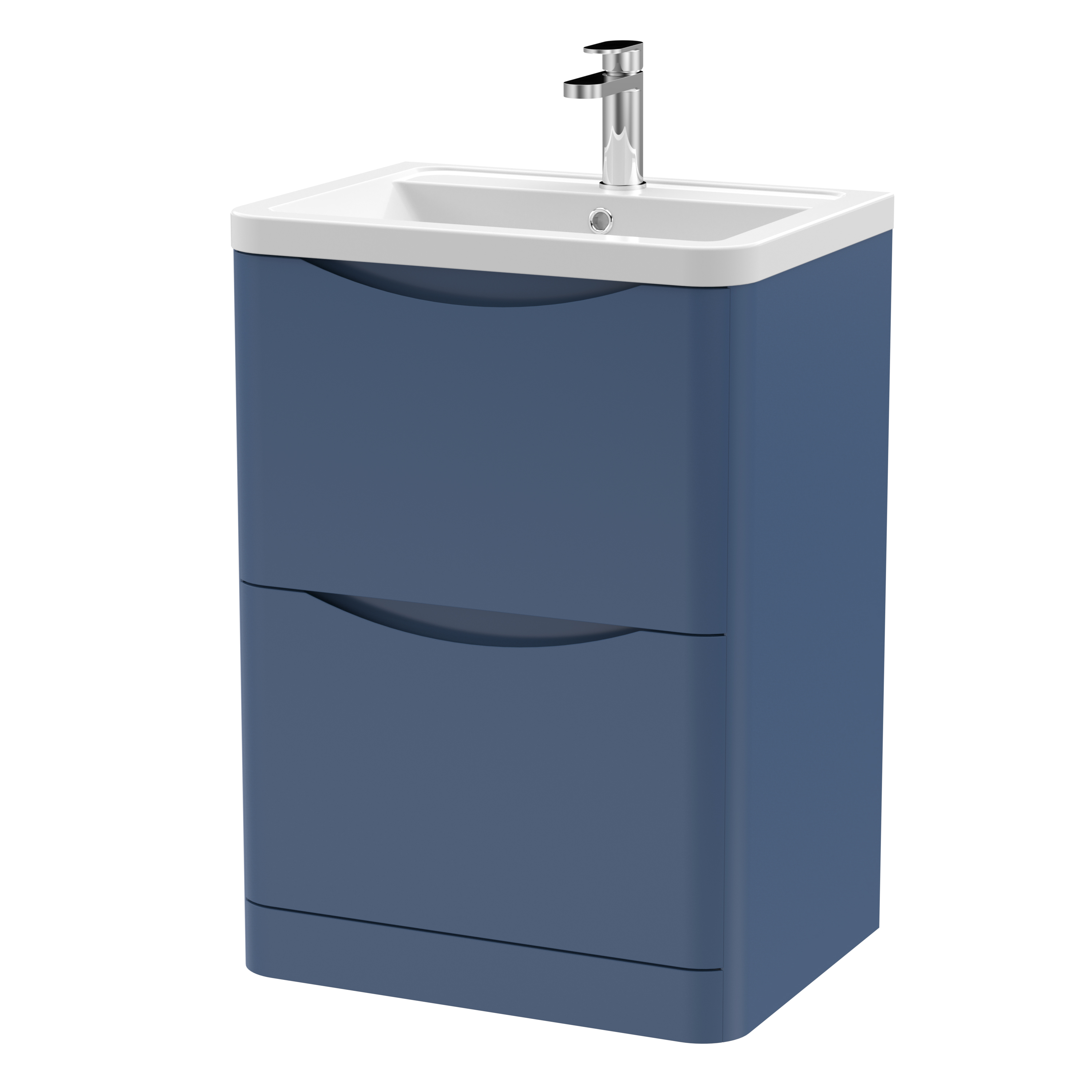Nuie Lunar Satin Blue 600mm Floor Standing 2 Drawer Vanity Unit and Ceramic Basin LUN301A