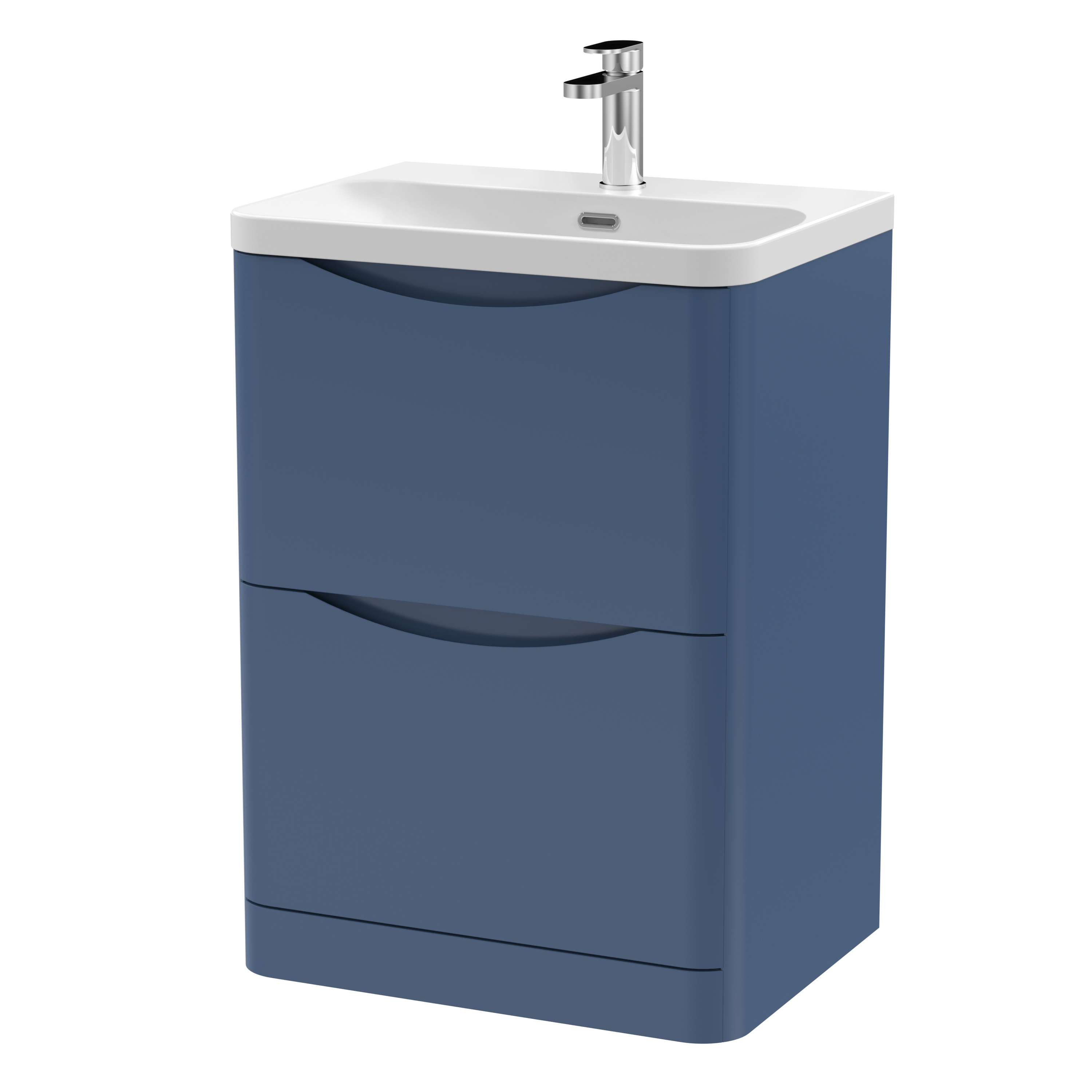 Nuie Lunar Satin Blue 600mm Floor Standing 2 Drawer Vanity Unit and Thin Edge Ceramic Basin LUN301B