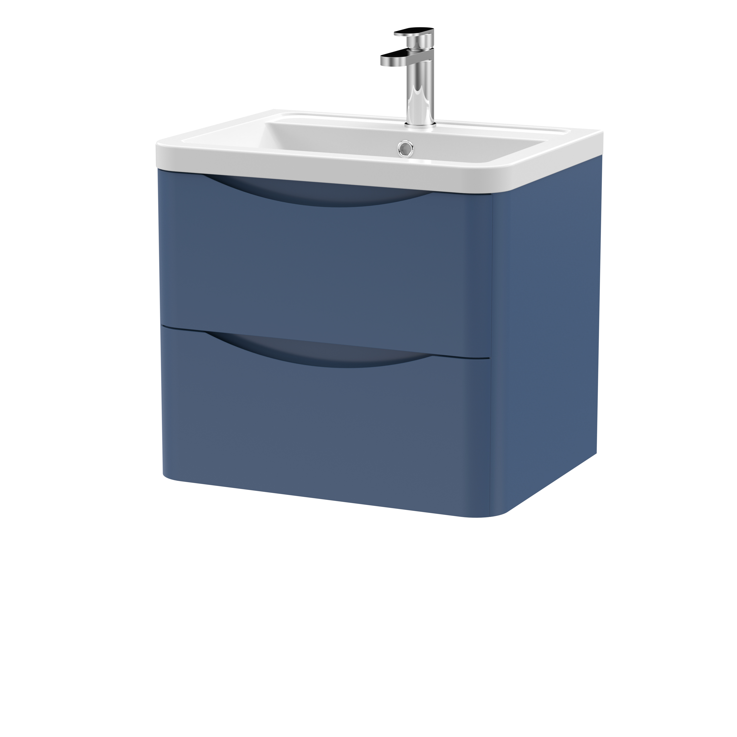 Nuie Lunar Satin Blue 600mm Wall Hung 2 Drawer Vanity Unit and Ceramic Basin LUN302A