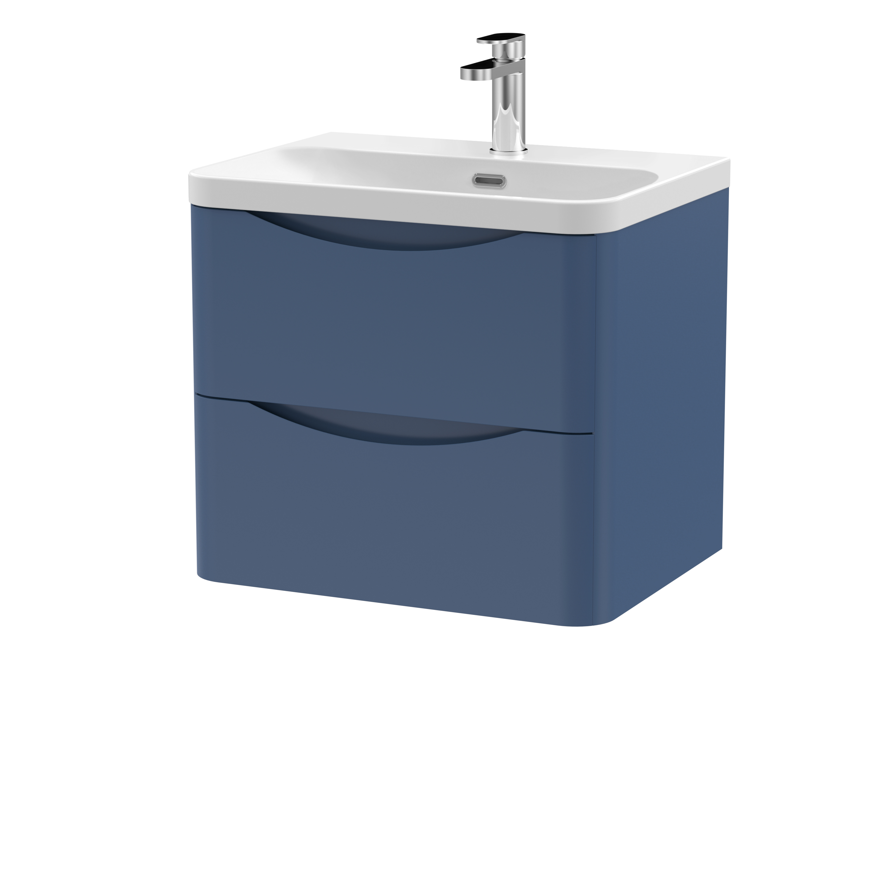 Nuie Lunar Satin Blue 600mm Wall Hung 2 Drawer Vanity Unit and Thin Edge Ceramic Basin LUN302B