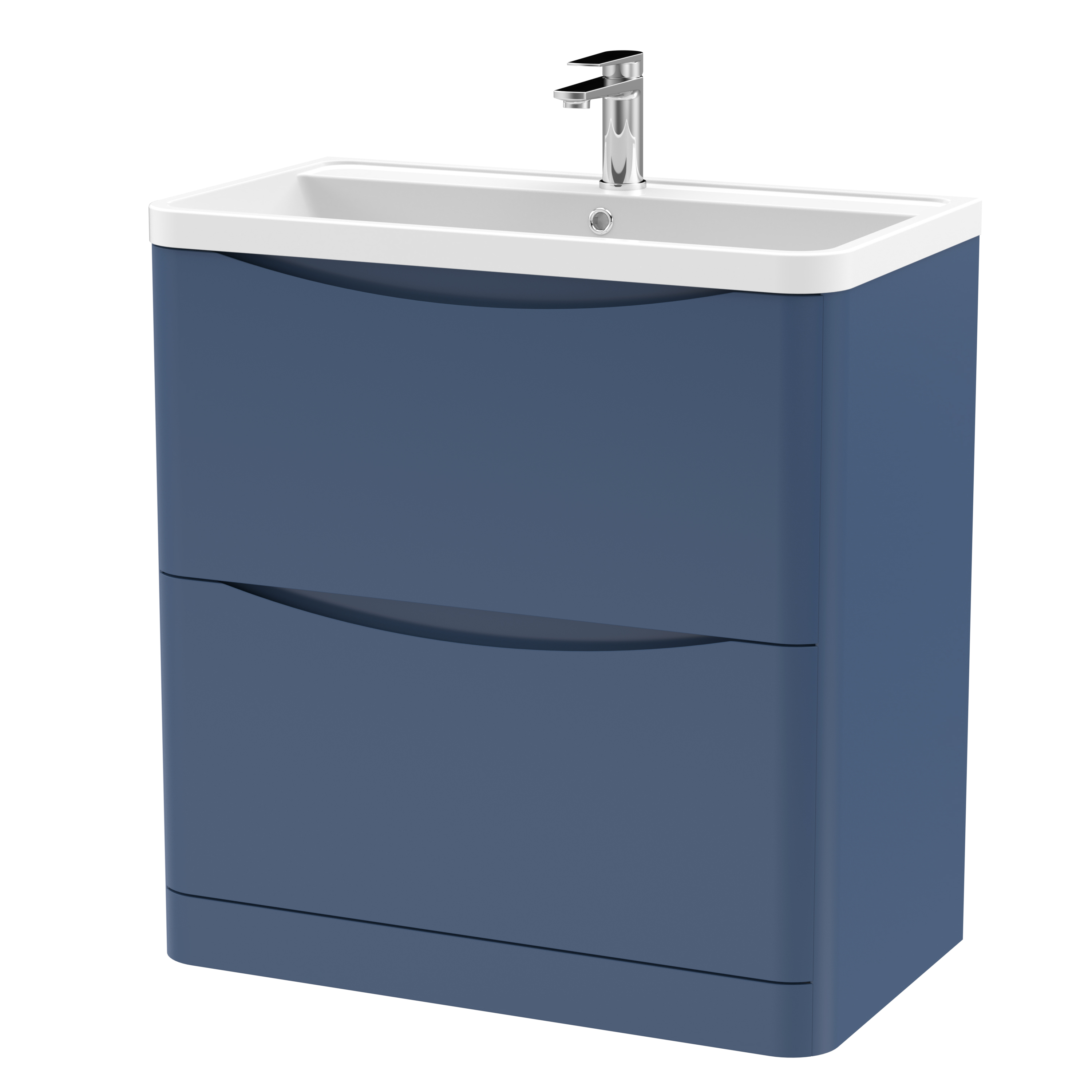 Nuie Lunar Satin Blue 800mm Floor Standing 2 Drawer Vanity Unit and Polymarble Basin LUN303
