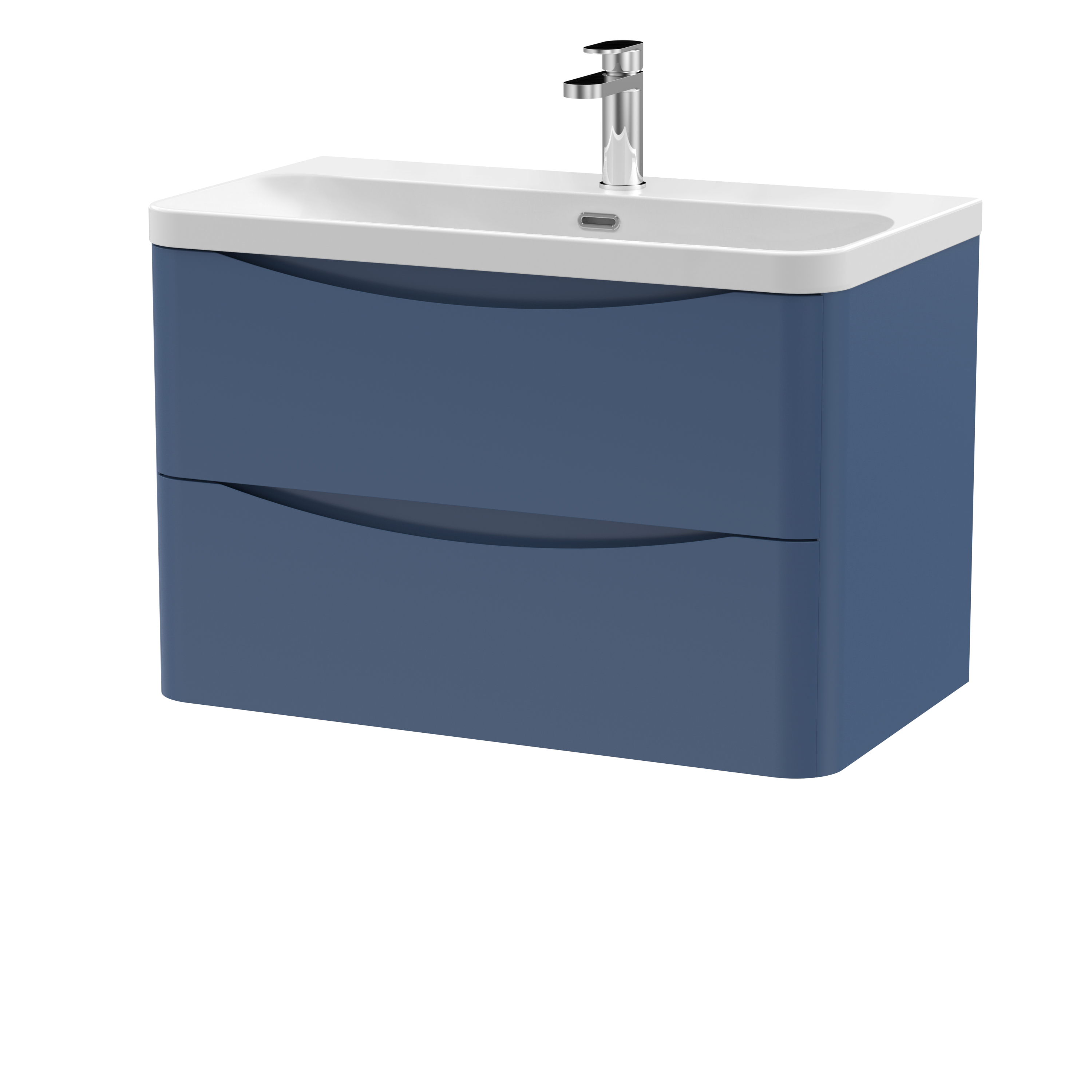 Nuie Lunar Satin Blue 800mm Wall Hung 2 Drawer Vanity Unit and Thin Edge Ceramic Basin LUN304B
