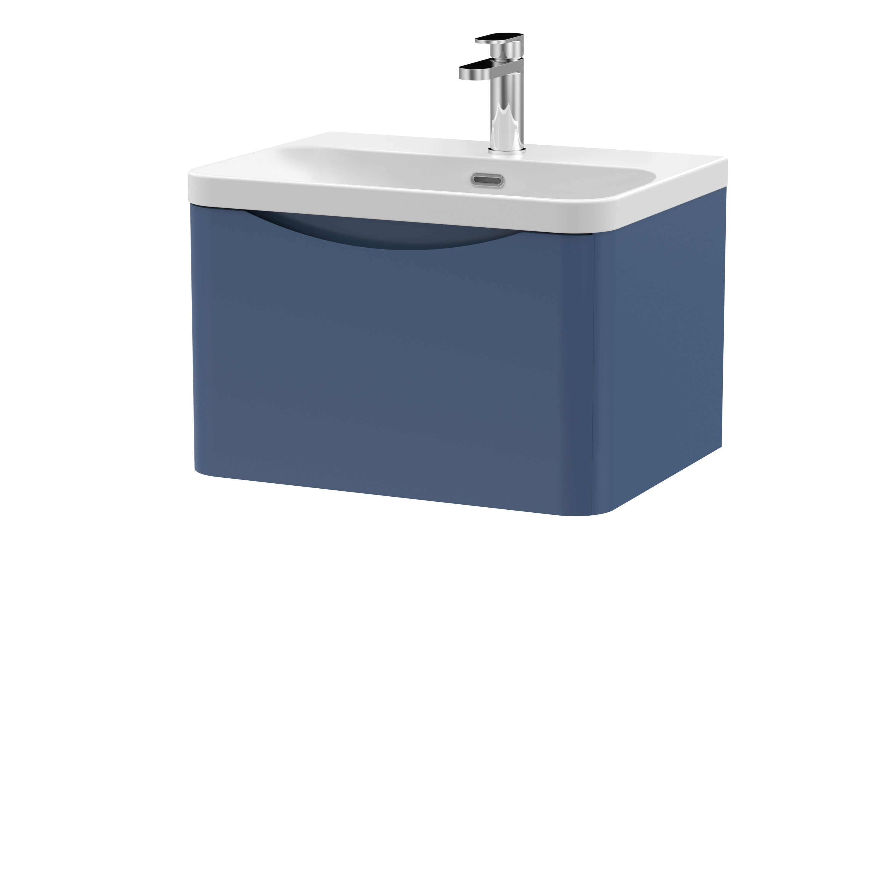 Nuie Lunar Satin Blue 600mm Wall Hung 1 Drawer Vanity Unit and Thin Edge Ceramic Basin LUN305B