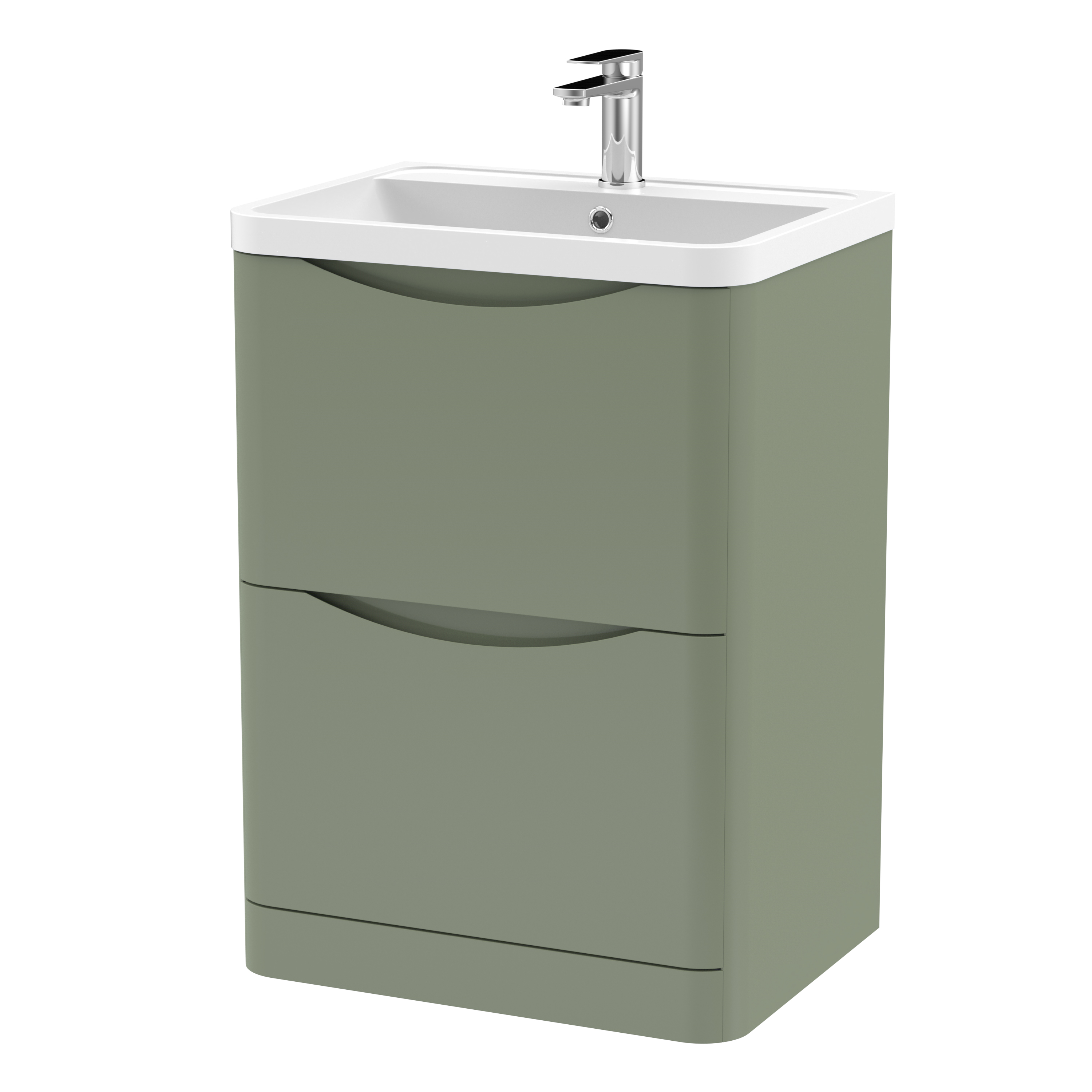 Nuie Lunar Satin Green 600mm Floor Standing 2 Drawer Vanity Unit and Polymarble Basin LUN801