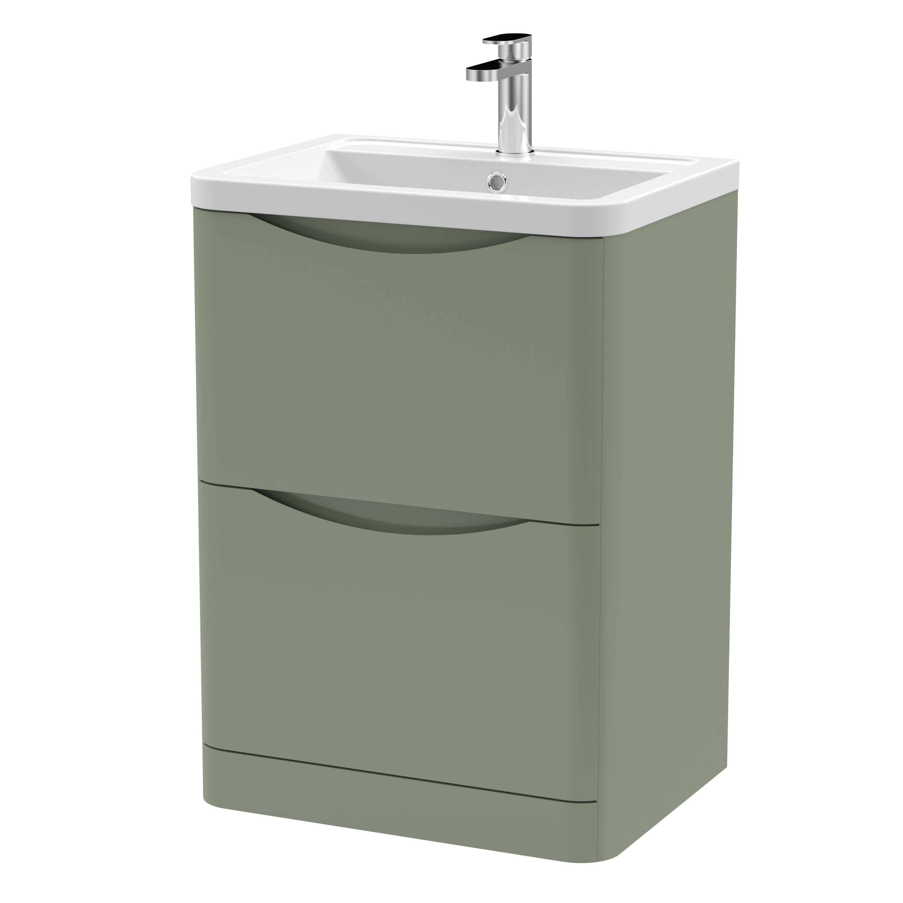 Nuie Lunar Satin Green 600mm Floor Standing 2 Drawer Vanity Unit and Ceramic Basin LUN801A