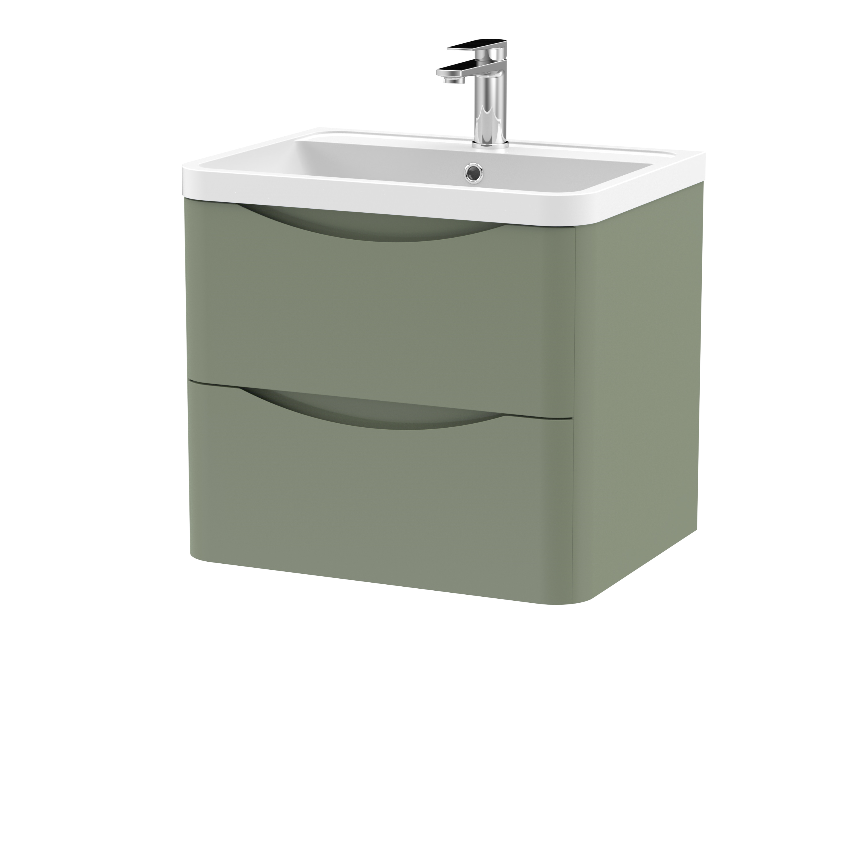 Nuie Lunar Satin Green 600mm Wall Hung 2 Drawer Vanity Unit and Polymarble Basin LUN802
