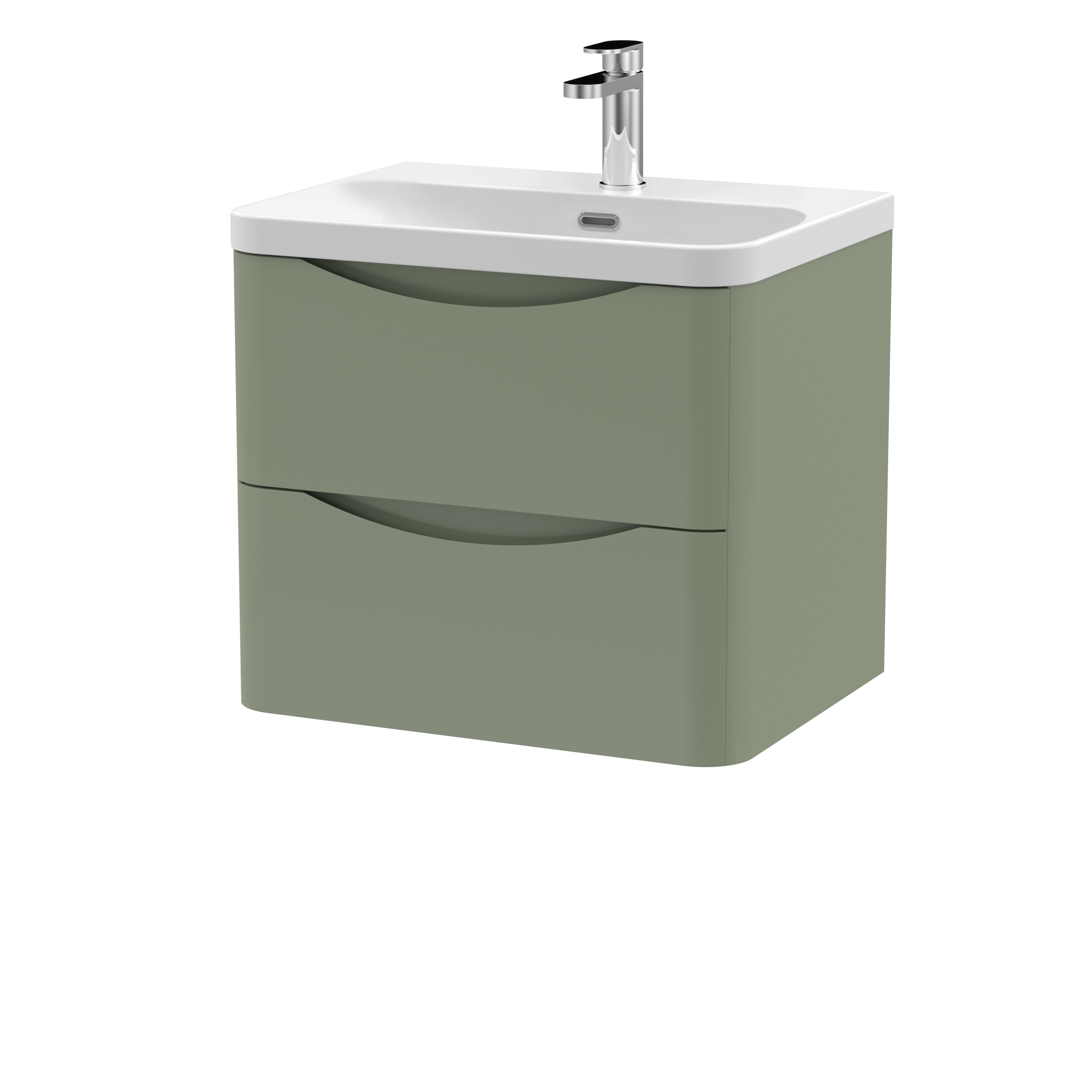 Nuie Lunar Satin Green 600mm Wall Hung 2 Drawer Vanity Unit and Thin Edge Ceramic Basin LUN802B