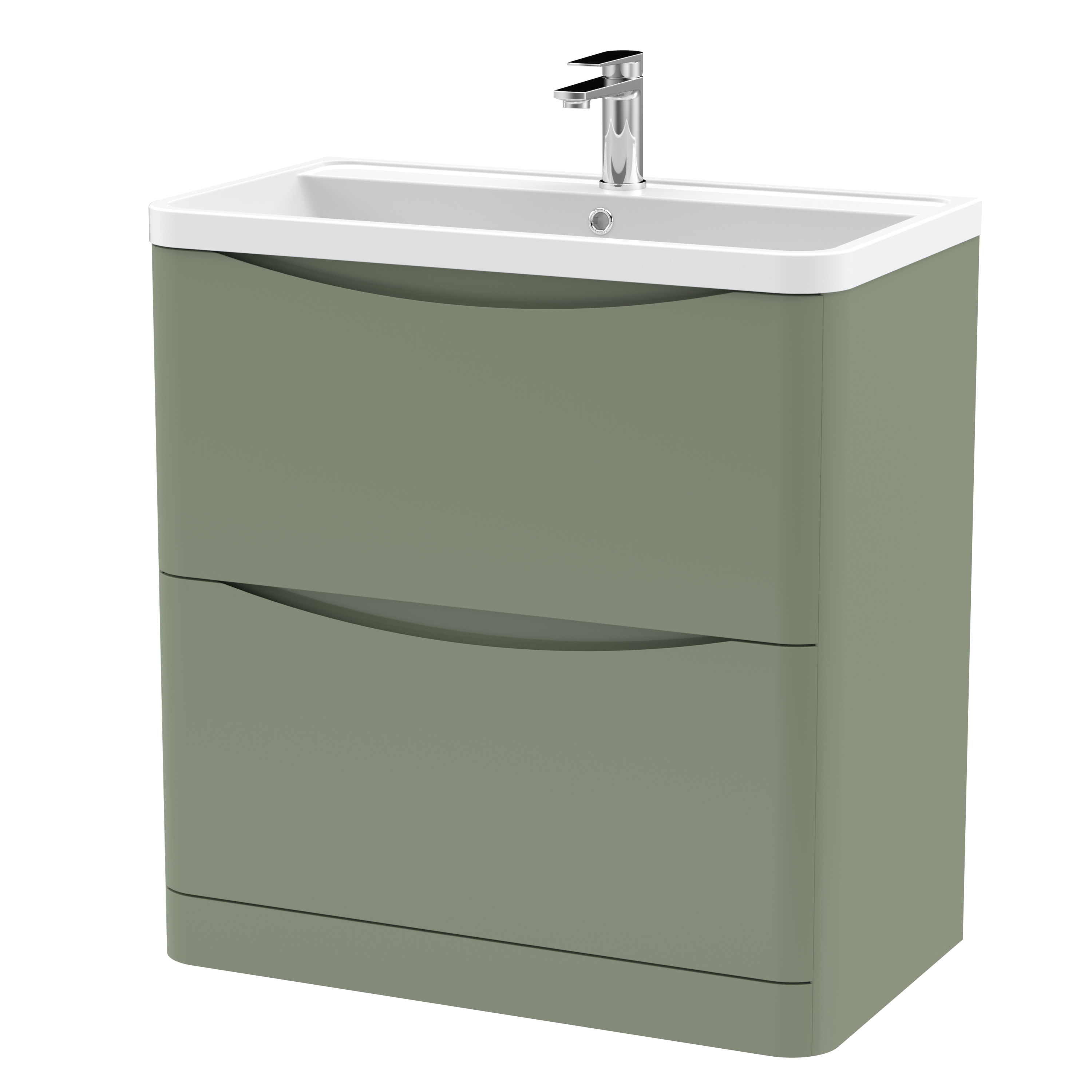Nuie Lunar Satin Green 800mm Floor Standing 2 Drawer Vanity Unit and Polymarble Basin LUN803