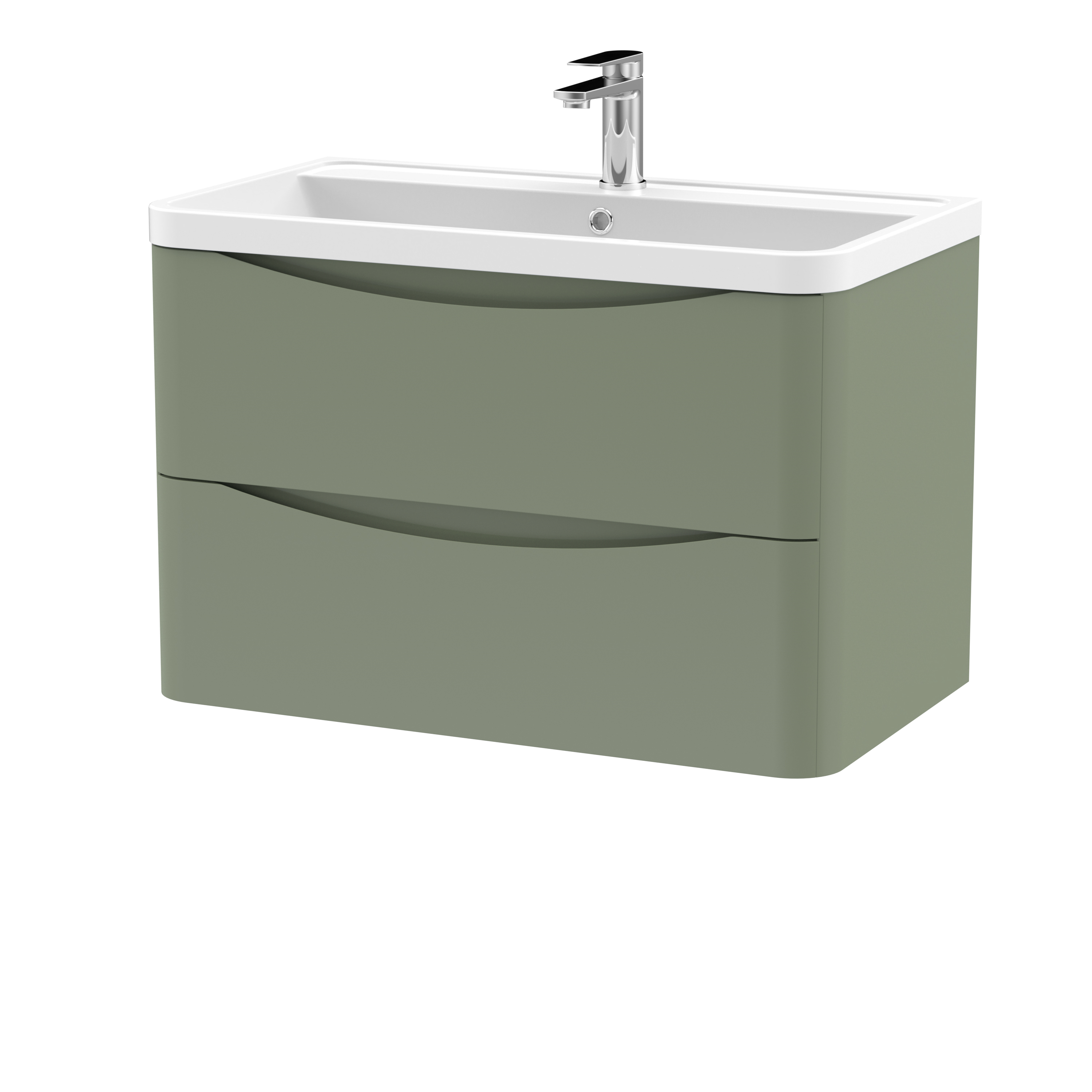 Nuie Lunar Satin Green 800mm Wall Hung 2 Drawer Vanity Unit and Polymarble Basin LUN804
