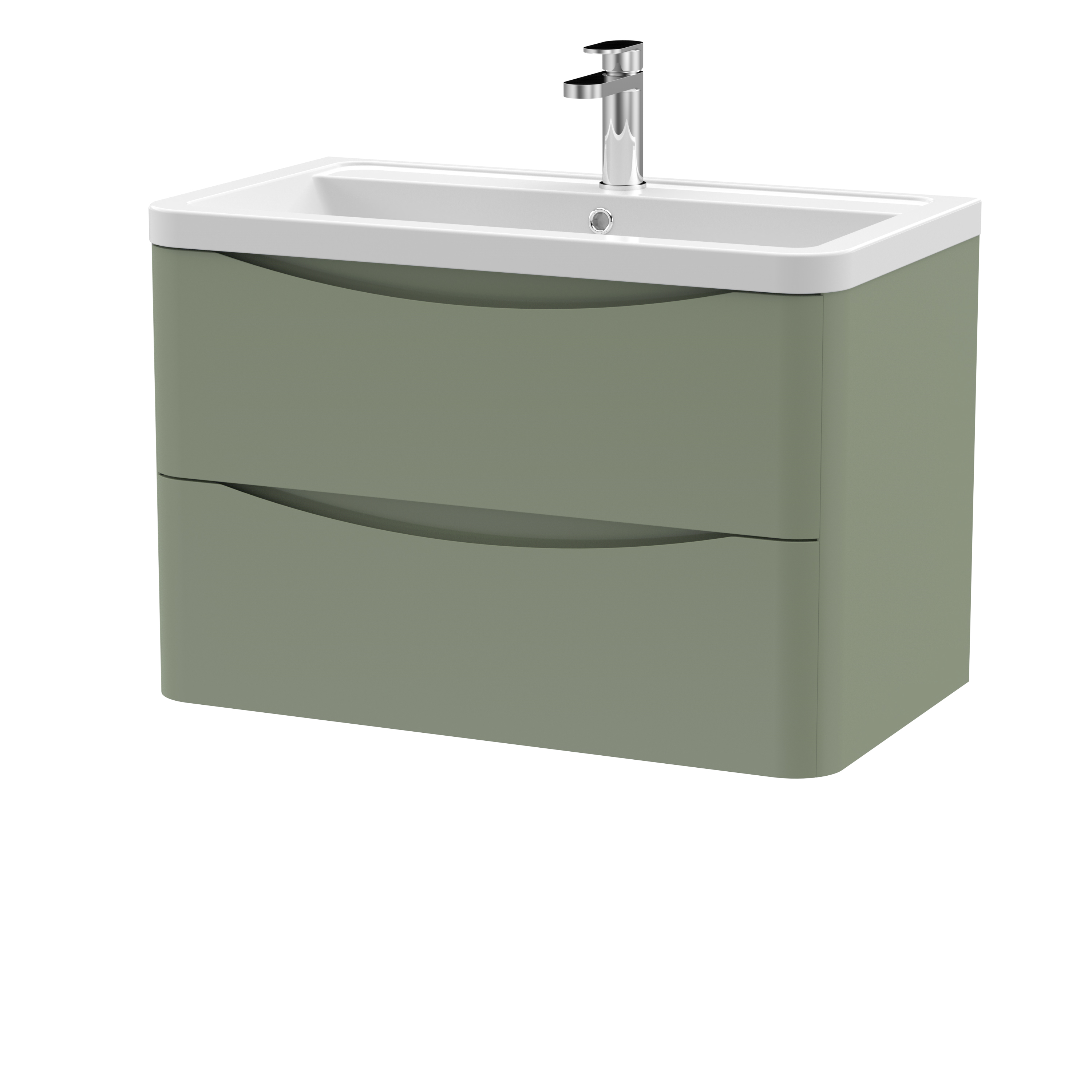 Nuie Lunar Satin Green 800mm Wall Hung 2 Drawer Vanity Unit and Ceramic Basin LUN804A