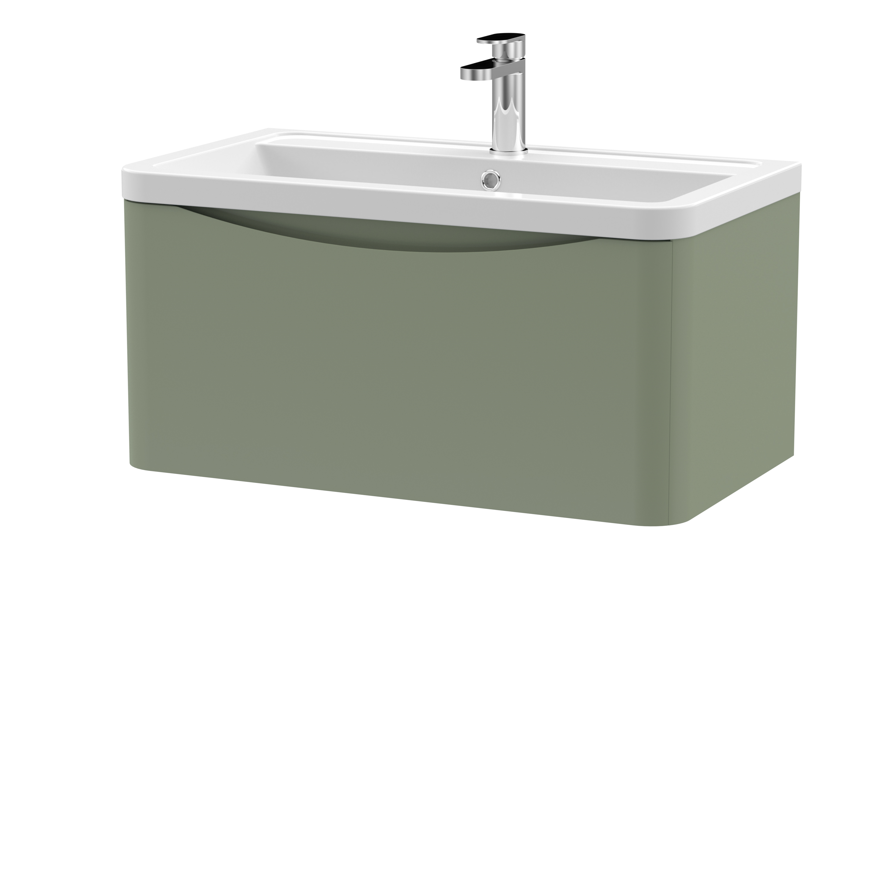 Nuie Lunar Satin Green 800mm Wall Hung 1 Drawer Vanity Unit and Ceramic Basin LUN806A
