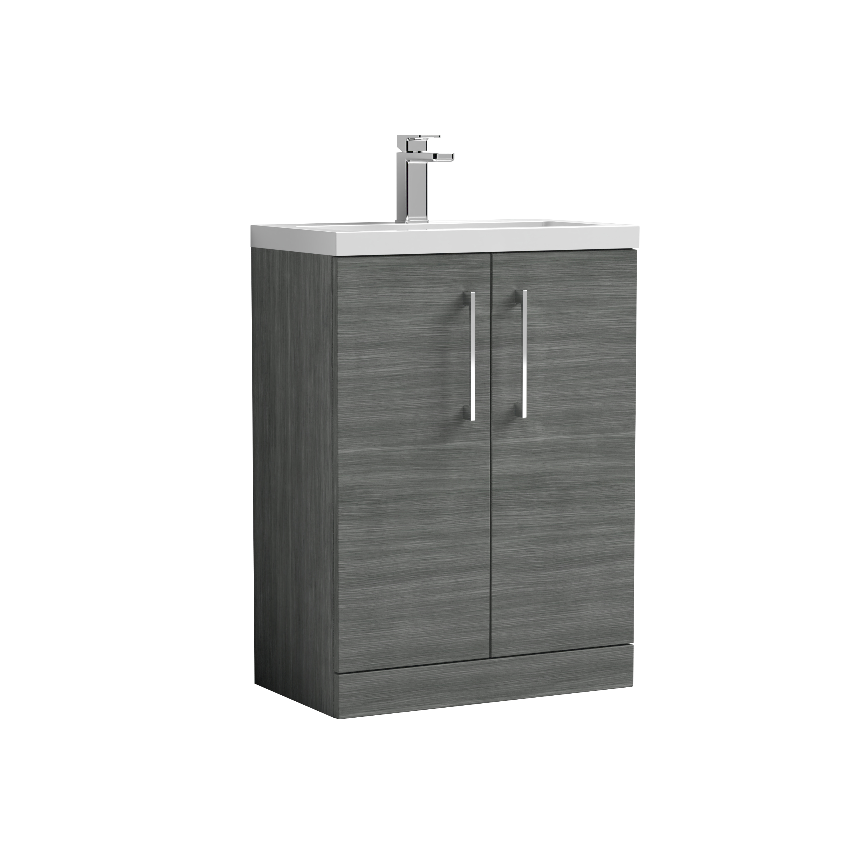 Nuie Arno Compact Anthracite Woodgrain 600mm Floor Standing 2 Door Vanity Unit and Polymarble Basin PAL025