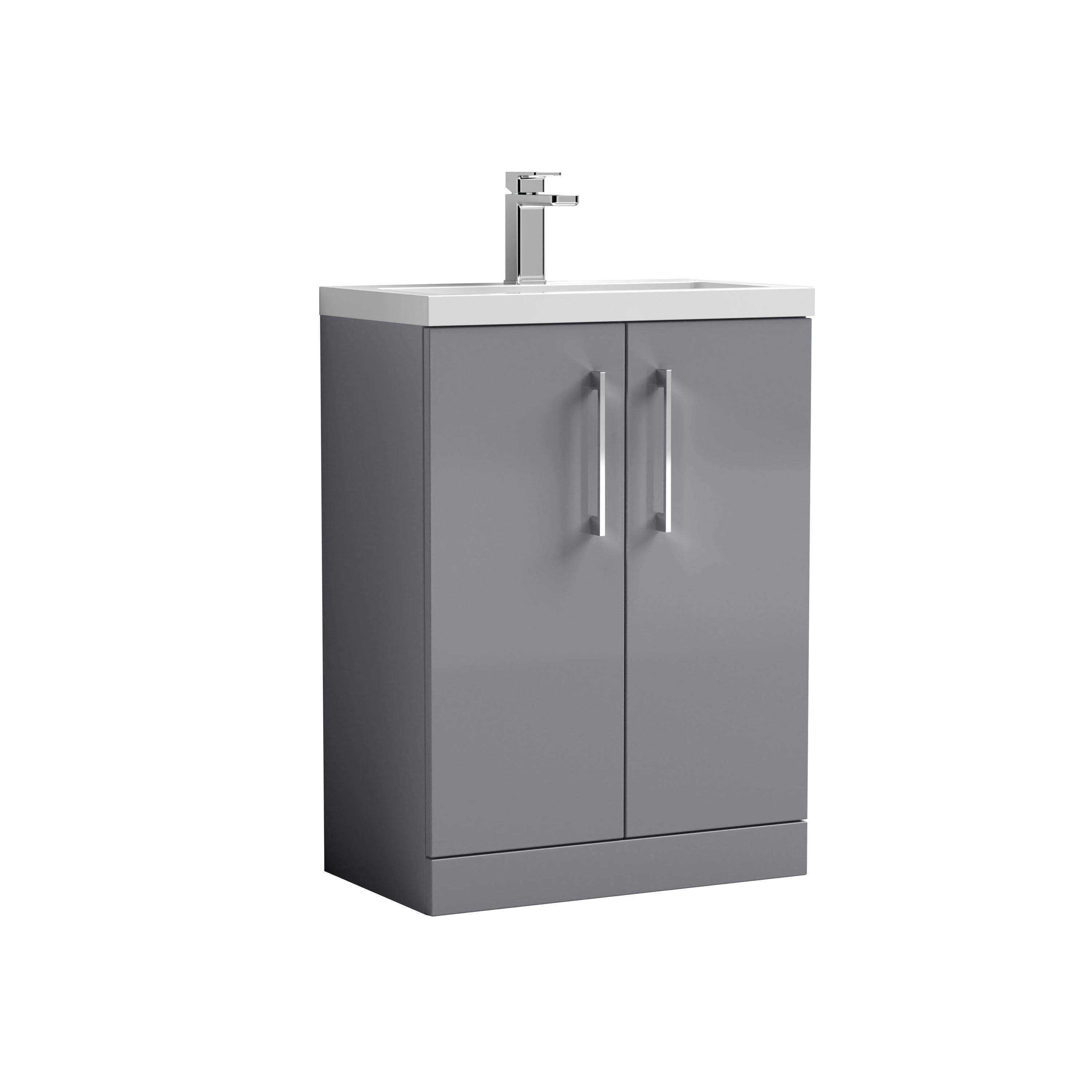 Nuie Arno Compact Satin Grey 600mm Floor Standing 2 Door Vanity Unit and Polymarble Basin PAL031