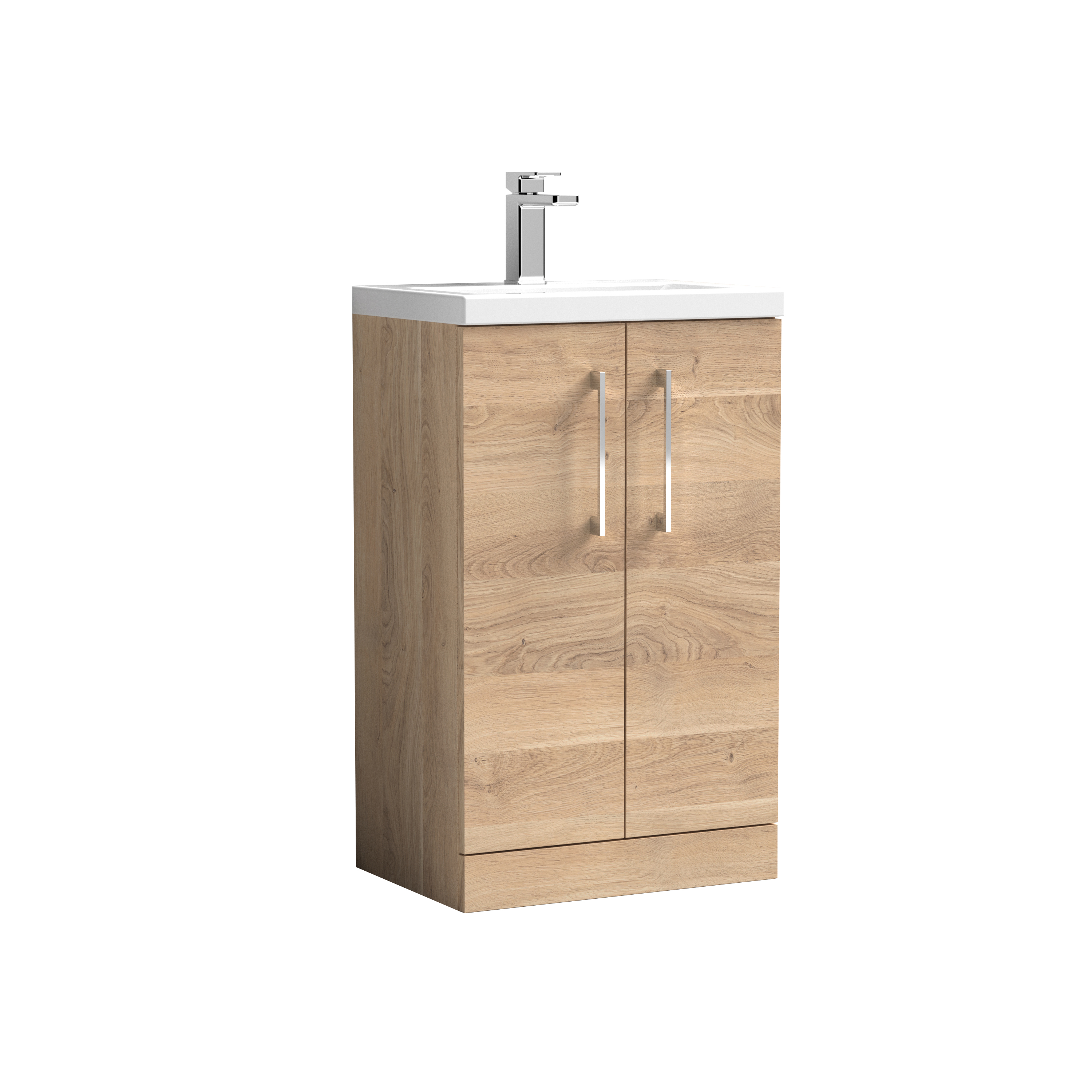Nuie Arno Compact Bleached Oak 500mm Floor Standing 2 Door Vanity Unit and Polymarble Basin PAL032