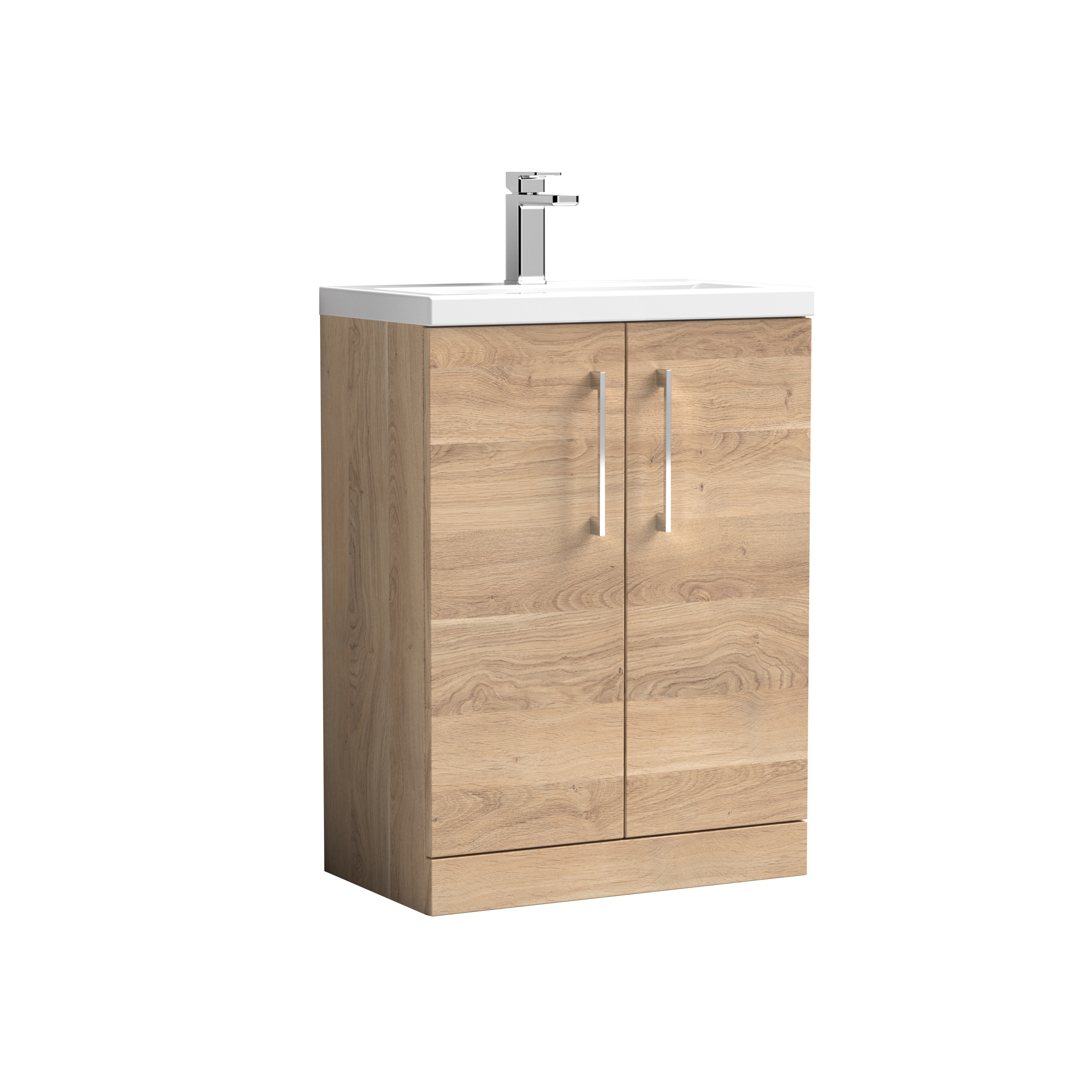 Nuie Arno Compact Bleached Oak 600mm Floor Standing 2 Door Vanity Unit and Ceramic Basin PAL033E